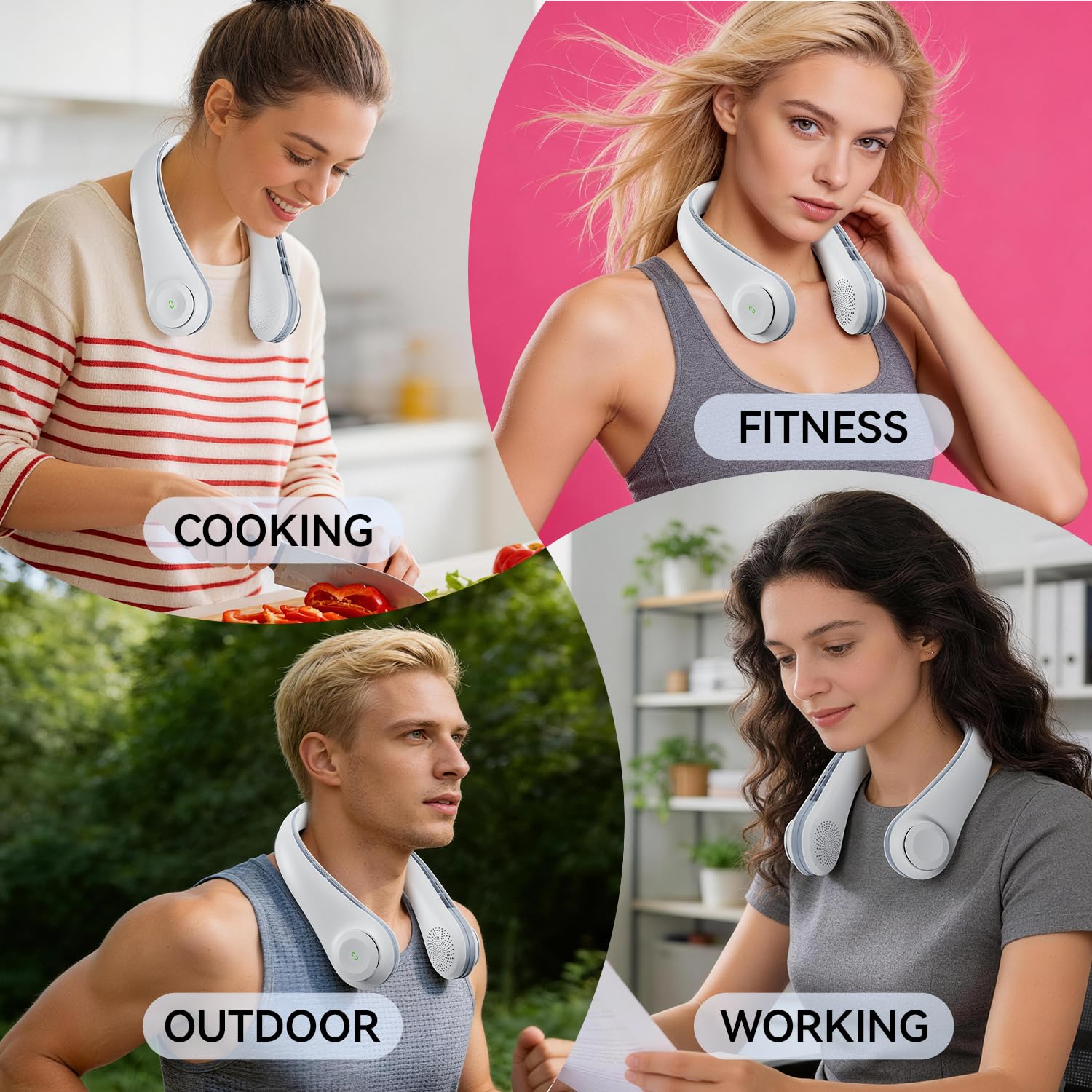 ACELIFE Ventilador de Cuello, 5000mAh Ventilador Cuello Portátil Silencioso USB Recargable Cuello de silicona suave ajustable con 3 Velocidades Para Deportes, Interior, Exterior