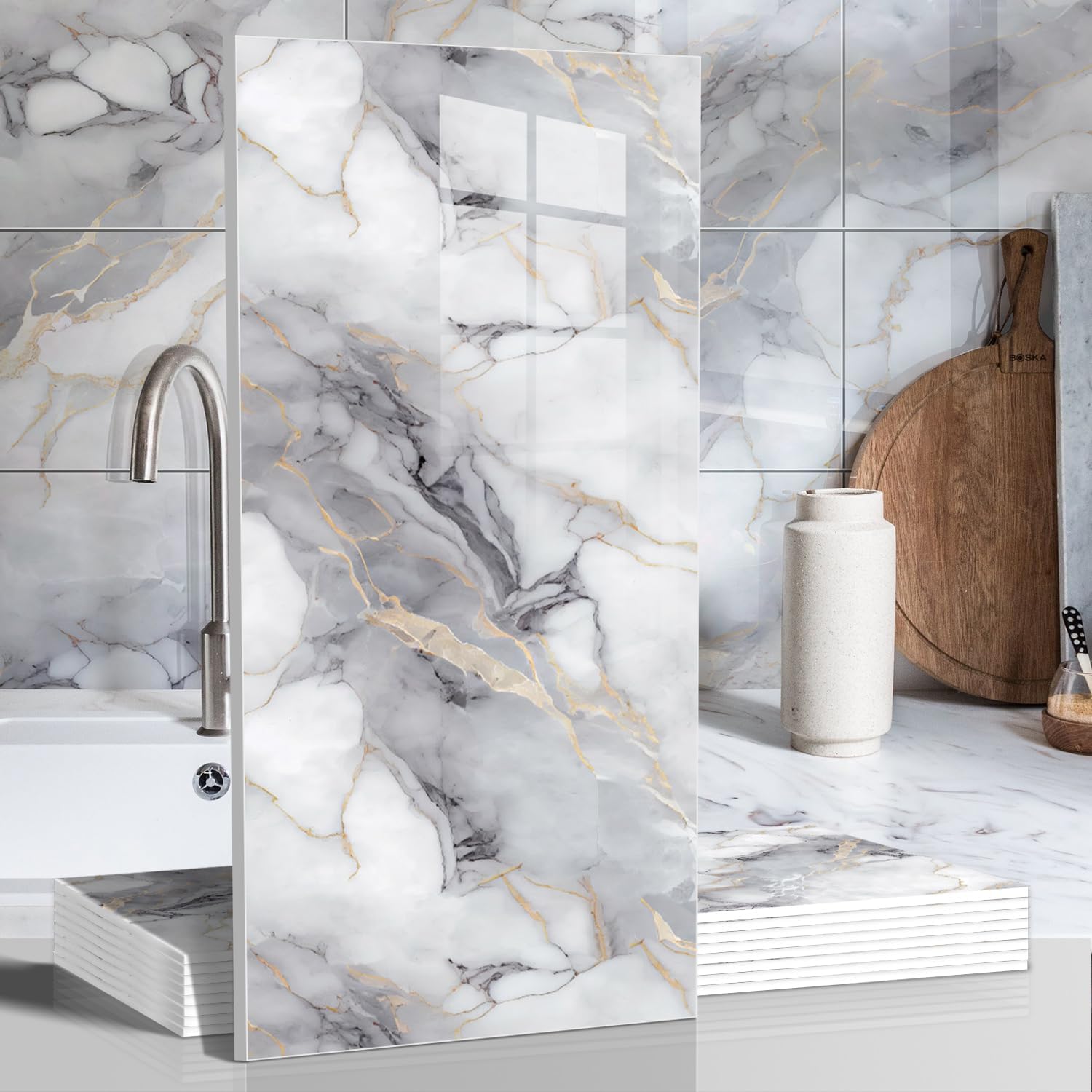 Photo 1 of 10pcs Thick Marble Peel and Stick Waterproof Wall Panels,Heat-Resistant Backsplash Tile, 23.6"x11.8" PVC Foam Wall Sticker for Kitchen,Living Rooms,TV Walls,Colorful (Not Real Tile 19.4Sq. Ft.)