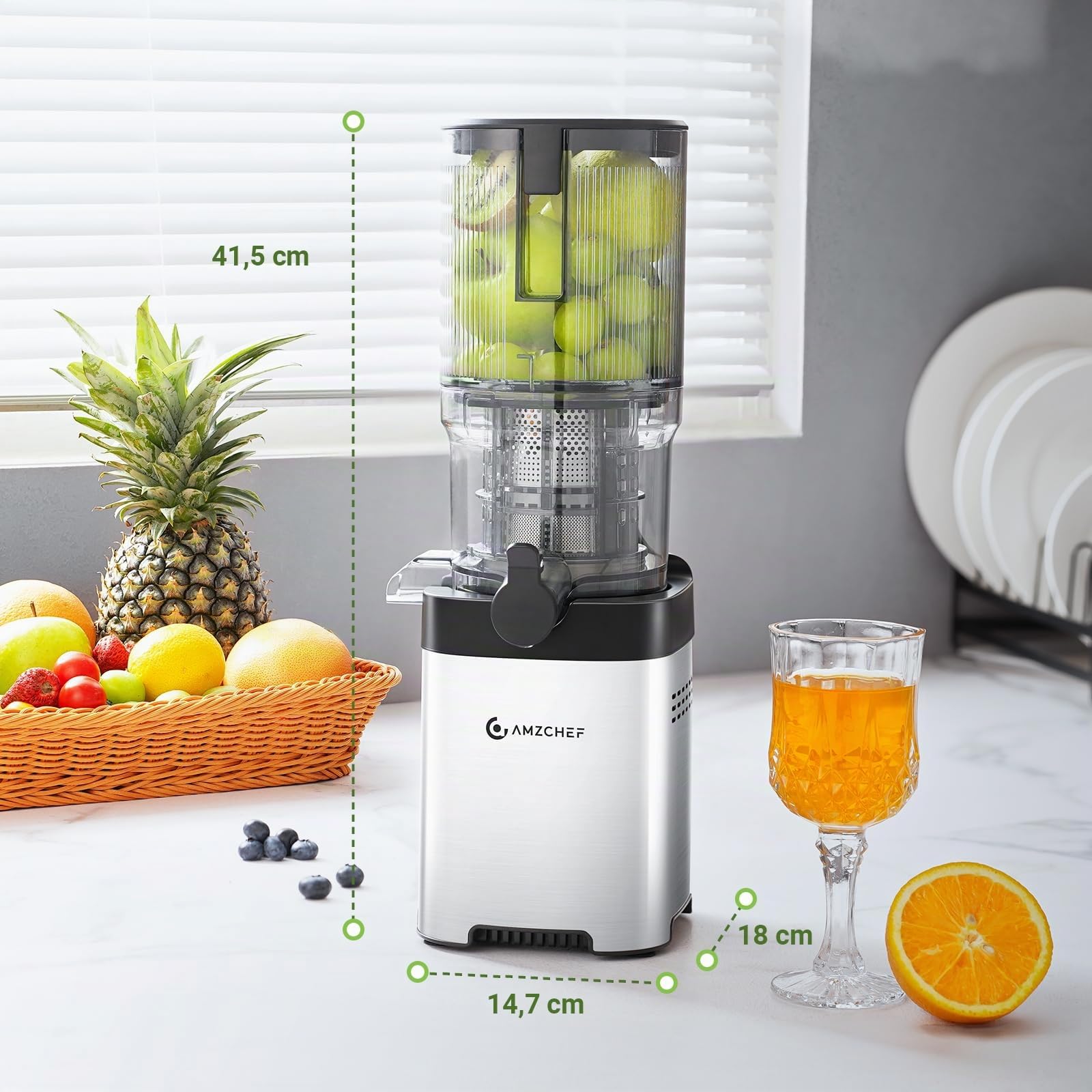 AMZCHEF Extractor De Zumos Y Verduras, Licuadora De 126 MM Para Frutas Y Verduras Enteras, Extractor Acero Inoxidable, Fácil De Limpiar, Sinfín Grande, Colador Doble