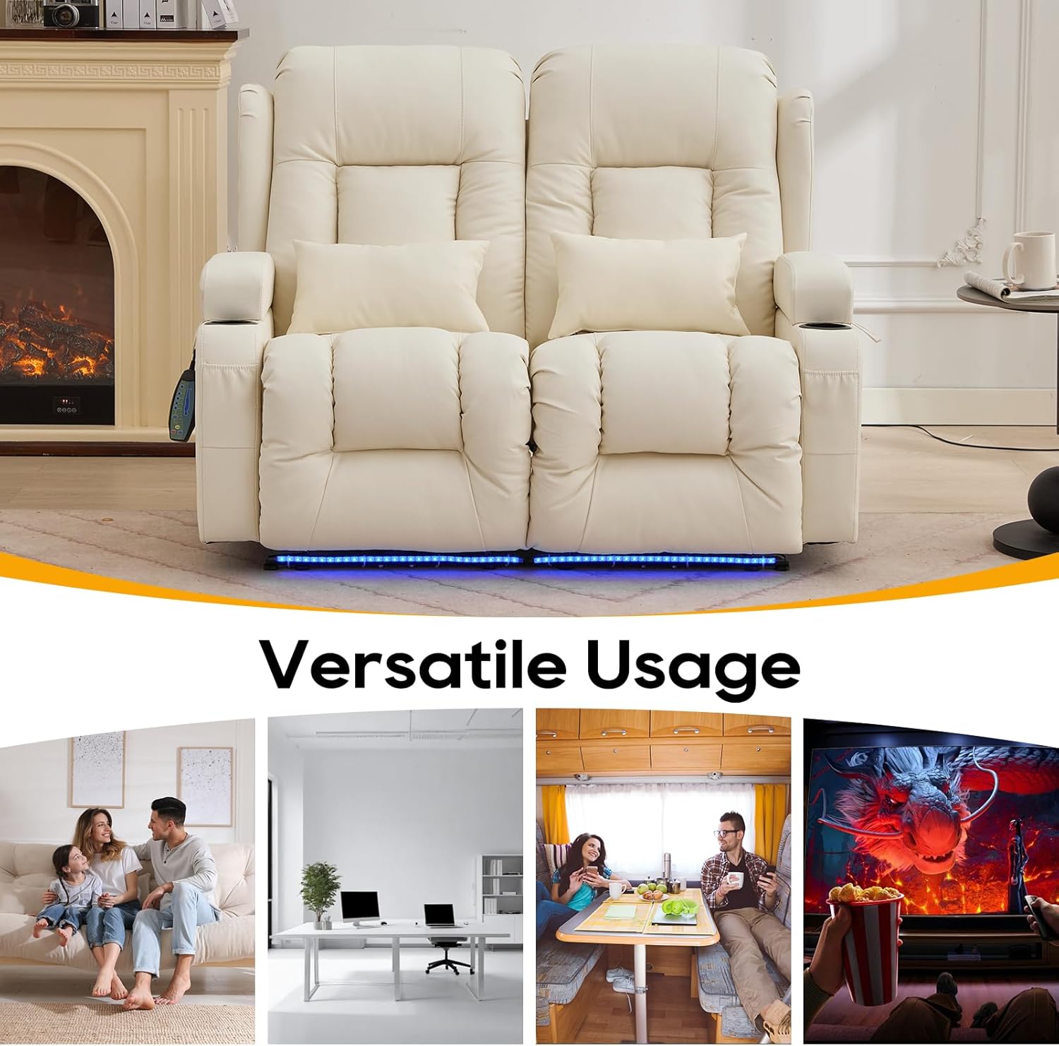 IPKIG 54" Power Loveseat Recliner Sofa, Electric Home Theater Seating with Massage Heat/4 Colors Ambient Lights/USB Port/Side Pocket/Cup Holder for Living Room, Bedroom, RV (Off-White, 2 Seater)