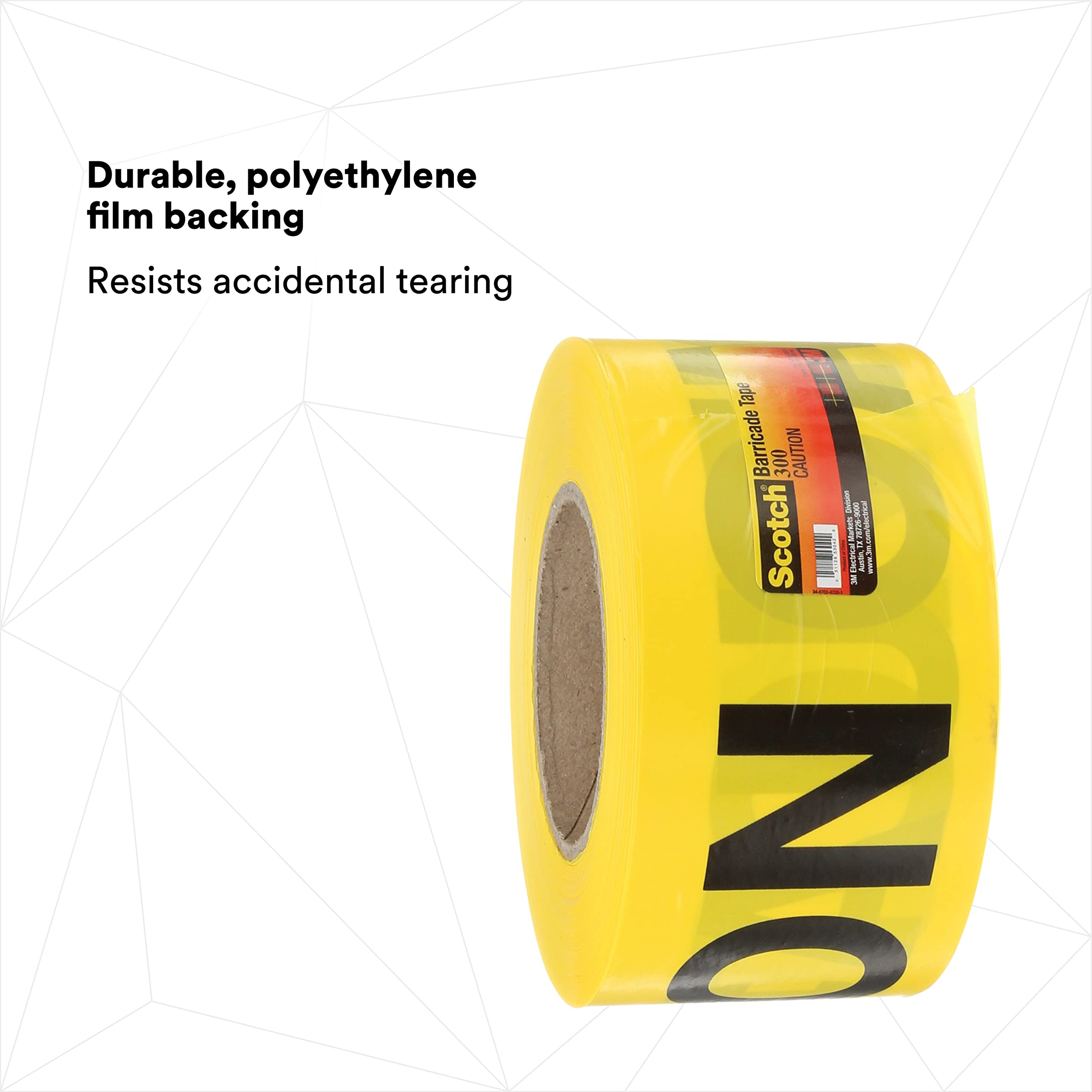 3M Barricade Tape 300, with 'CAUTION' text, 3 in x 1000 ft, Yellow, Pack of 1 Roll
