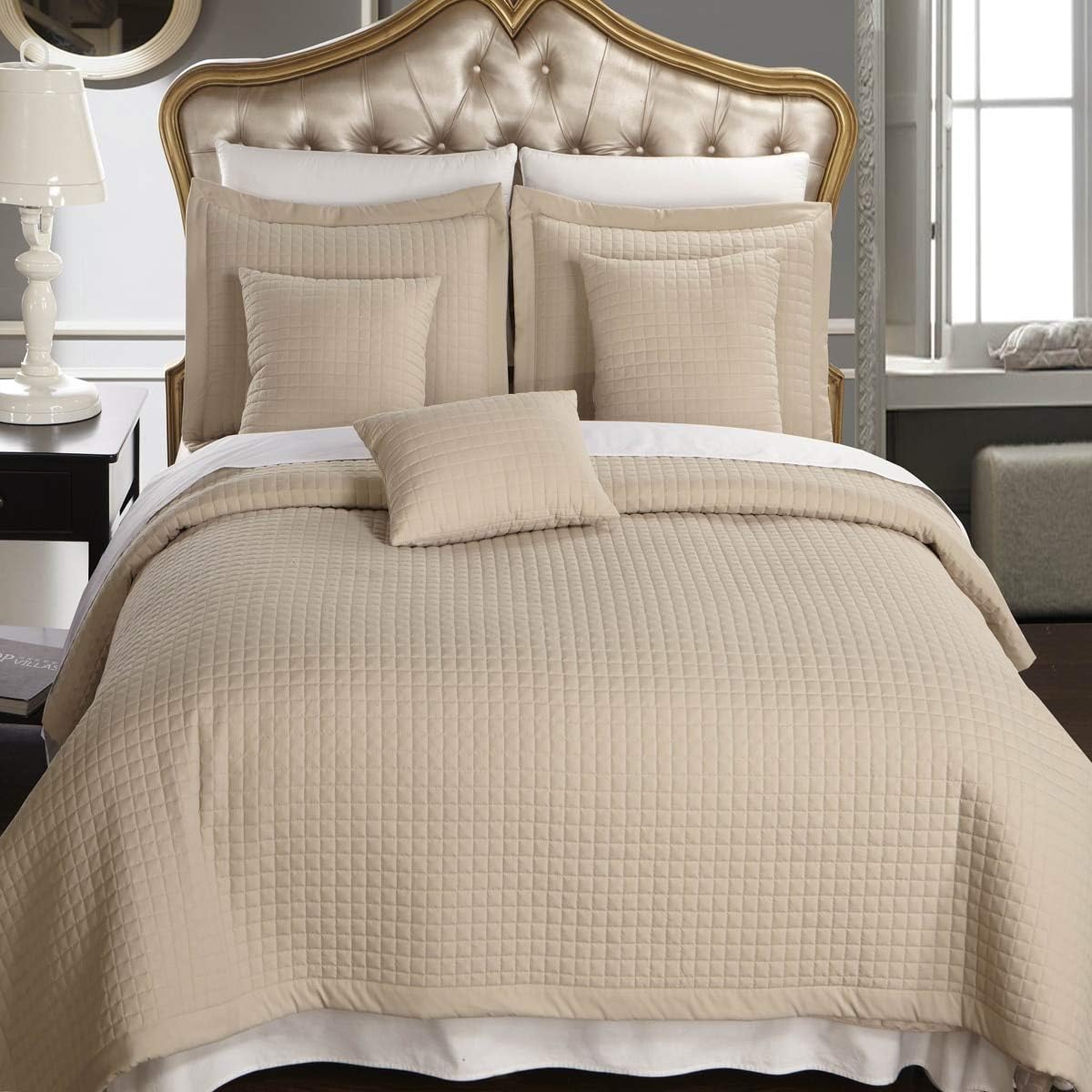sheetsnthings Luxury Checkered Quilted Wrinkle Free Microfiber Multi-Piece Coverlets Set (Beige, Twin XL)