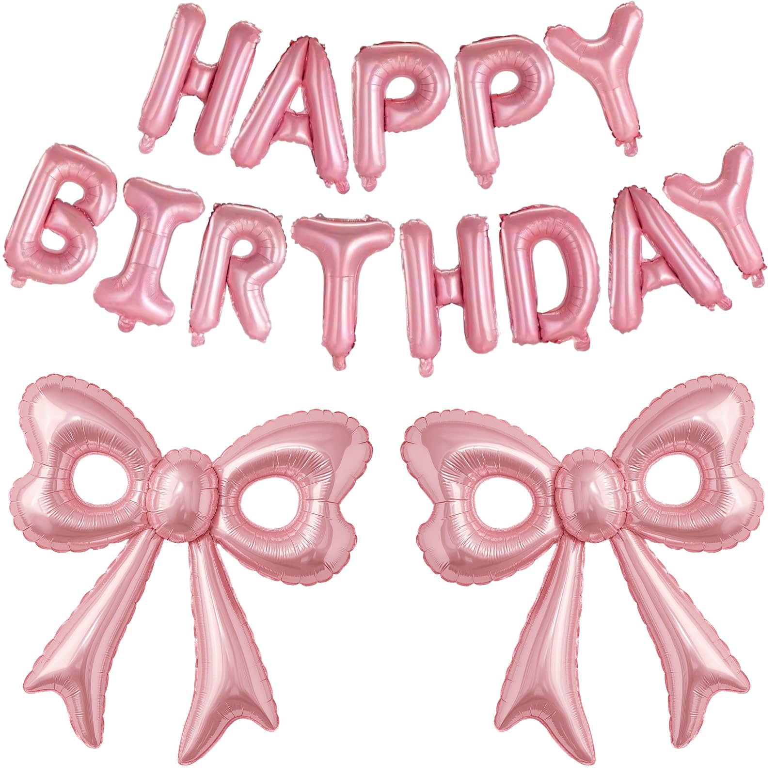 Pink Happy Birthday Balloons, 31”Huge Pink Bow Aluminum Foil Balloons for Girl Woman Birthday, Princess, Coquette Party Decorations Supplies