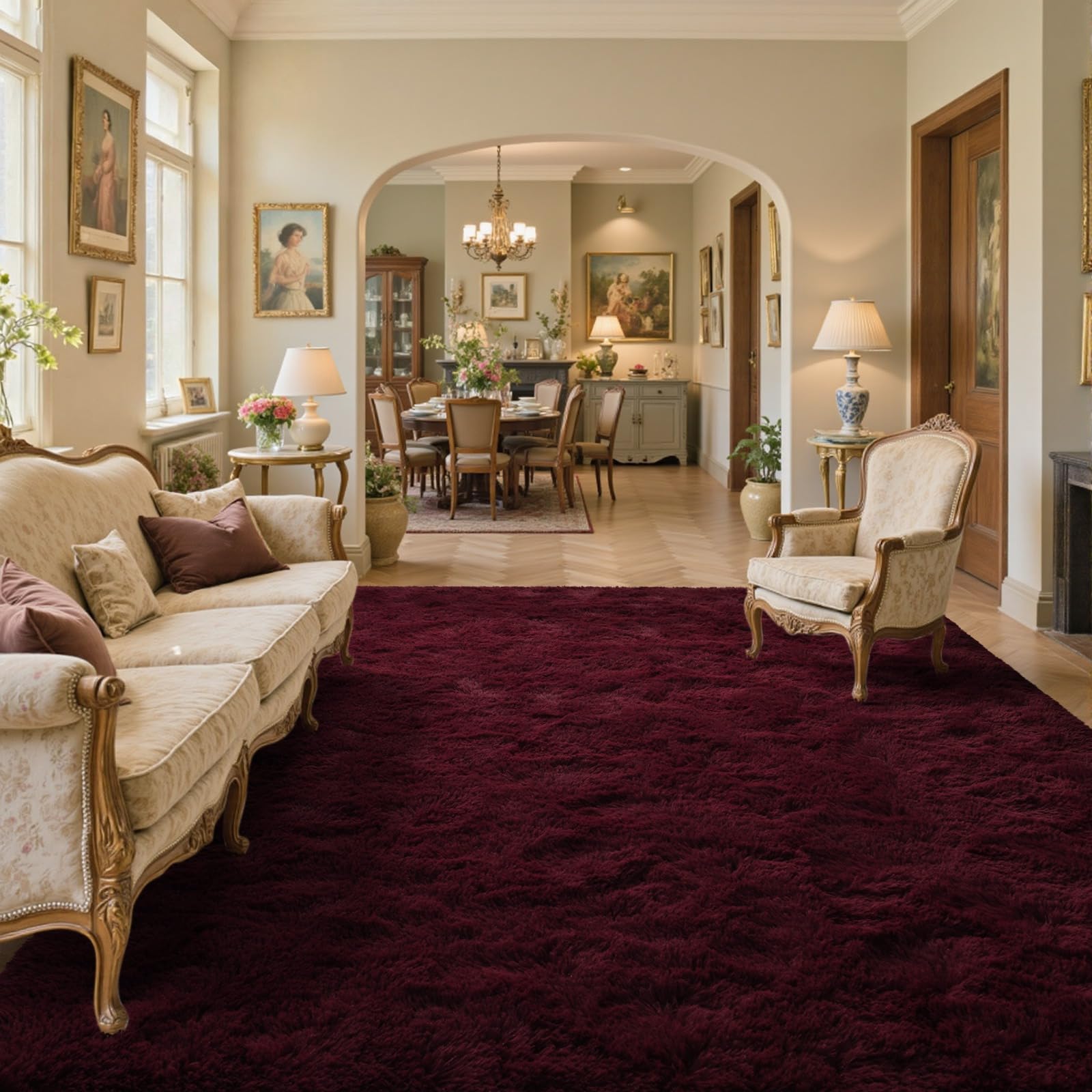 Photo 1 of 9x12 Area Rugs for Living Room Red Shag Fur Rug,Modern Non-Slip Soft Plush Carpets for Girls Woman Female Wedding Bedroom Home Décor Aesthetic Dark
