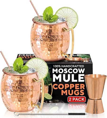 Benicci Moscow Mule - Juego de 2 tazas de cobre, 100% hechas a mano, tazas sólidas de cobre puro seguras para alimentos, juego de regalo de 16 onzas