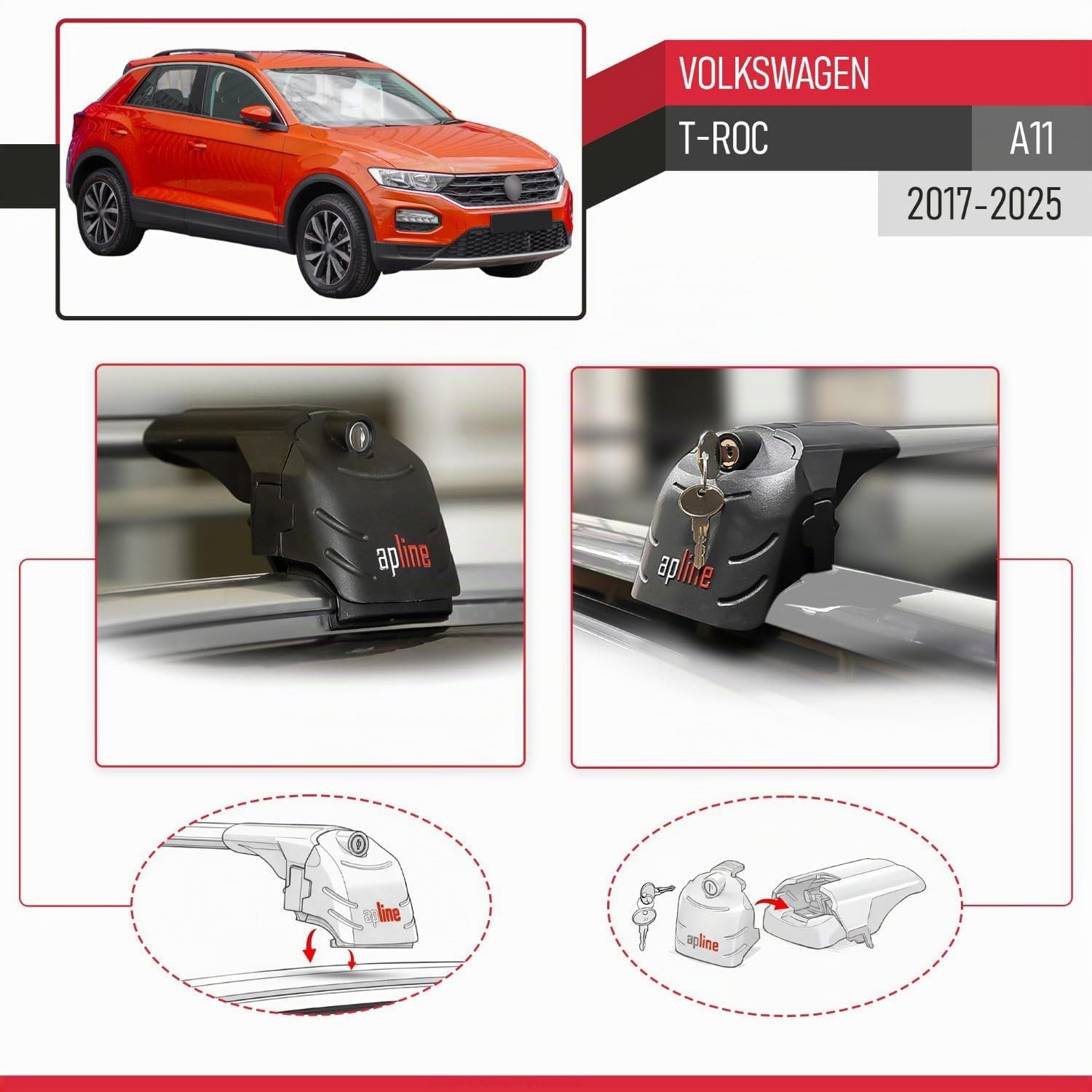 Compatibile con Volkswagen T-Roc (A11) 2017-2025 Modello ACE-2 Barre Tetto Portapacchi Auto Barre Portatutto Grigio Alluminio 2 Barre