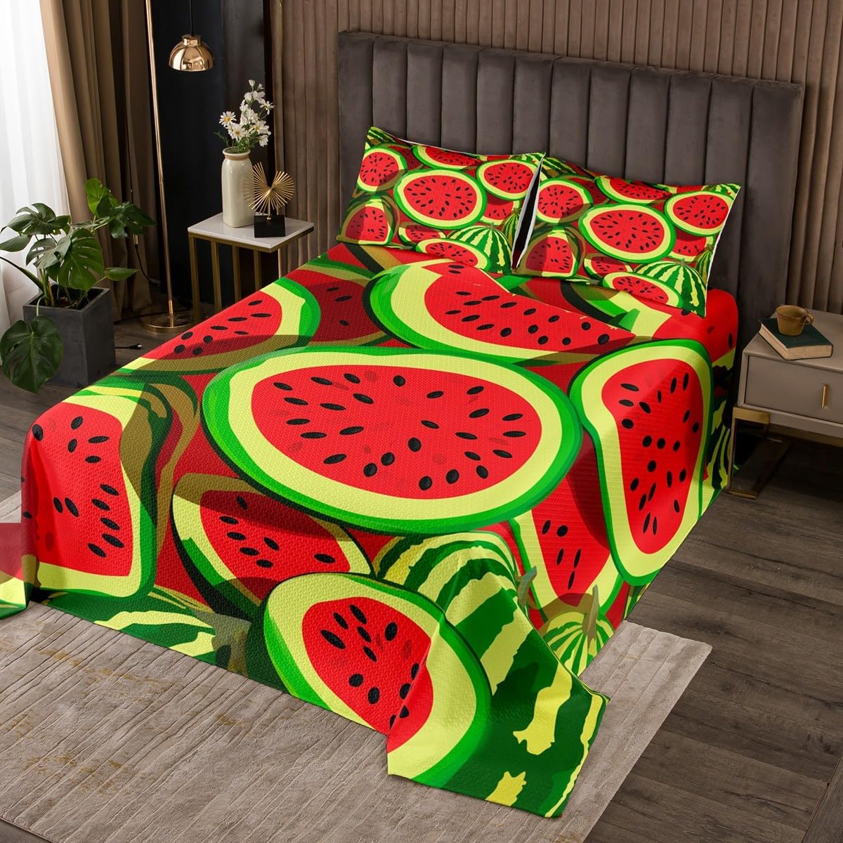 Castle Fairy Watermelon Bedspread Twin Size,Tropical Fruit Bedding Sets 2Pcs for Kids Girls Boys Room Decor,Summer Fruit Comforter Set Modern Art Quilt Coverlet,1 Pillowcase