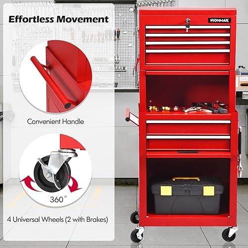 Miniatura 8 de IRONMAX Armario de herramientas sobre ruedas, 6 cajones con cerradura con 4 ruedas universales, caja de herramientas desmontable 2 en 1, organizador
