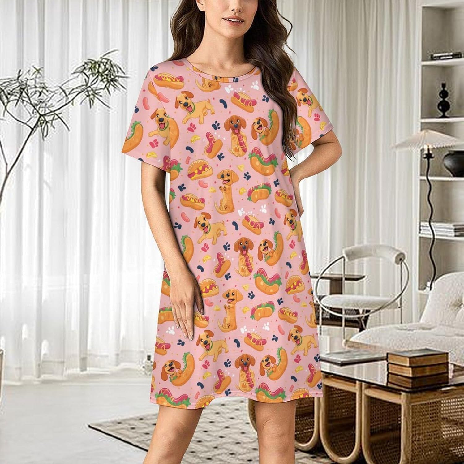 Hot Dogs Dachshund Paws Women's Nightgown Short Sleeve Sleep Shirt Casual Sleepwear Night Gowns Sleepdress