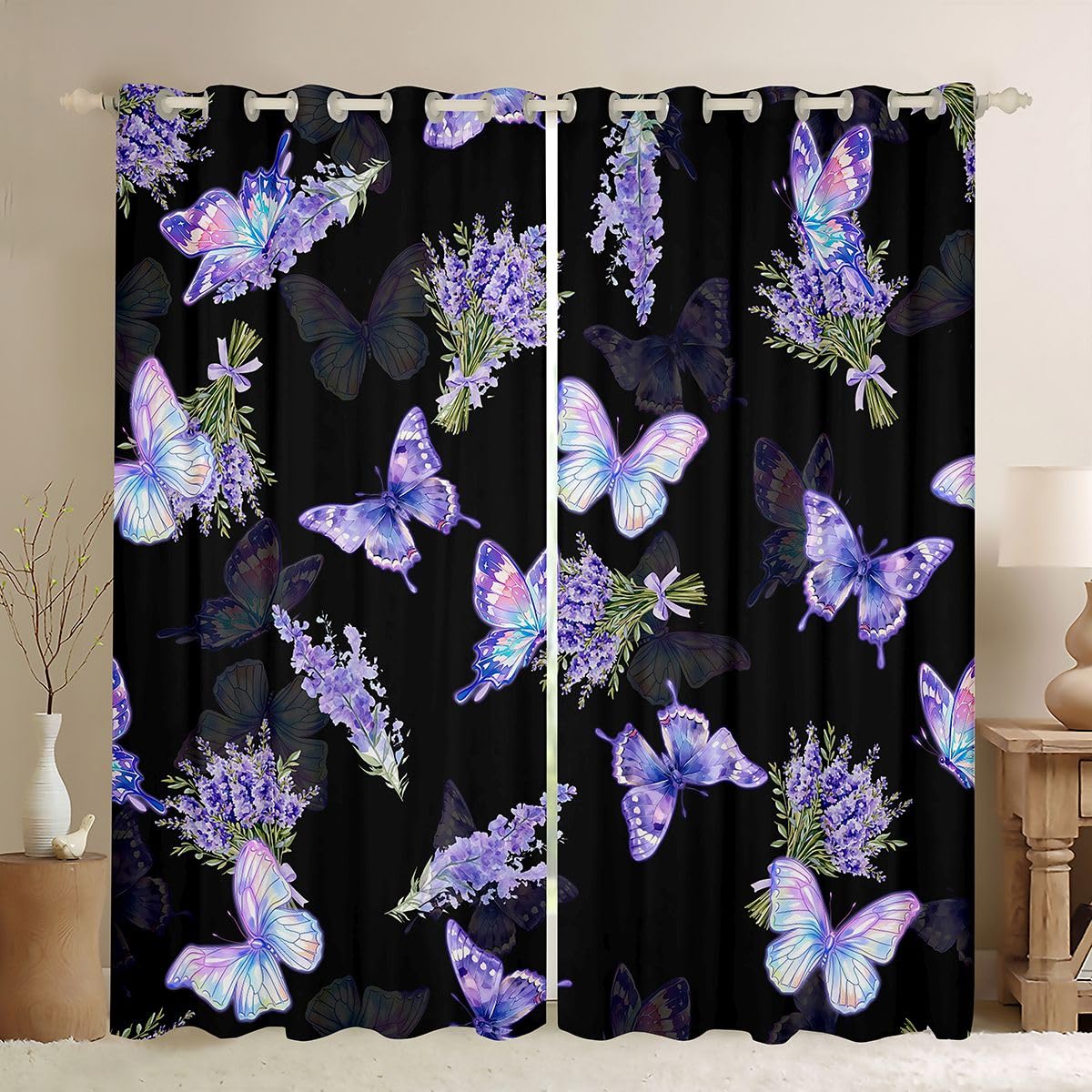 Rideau occultant papillon lavande voilage fenetre fleurs violettes salon 117x137