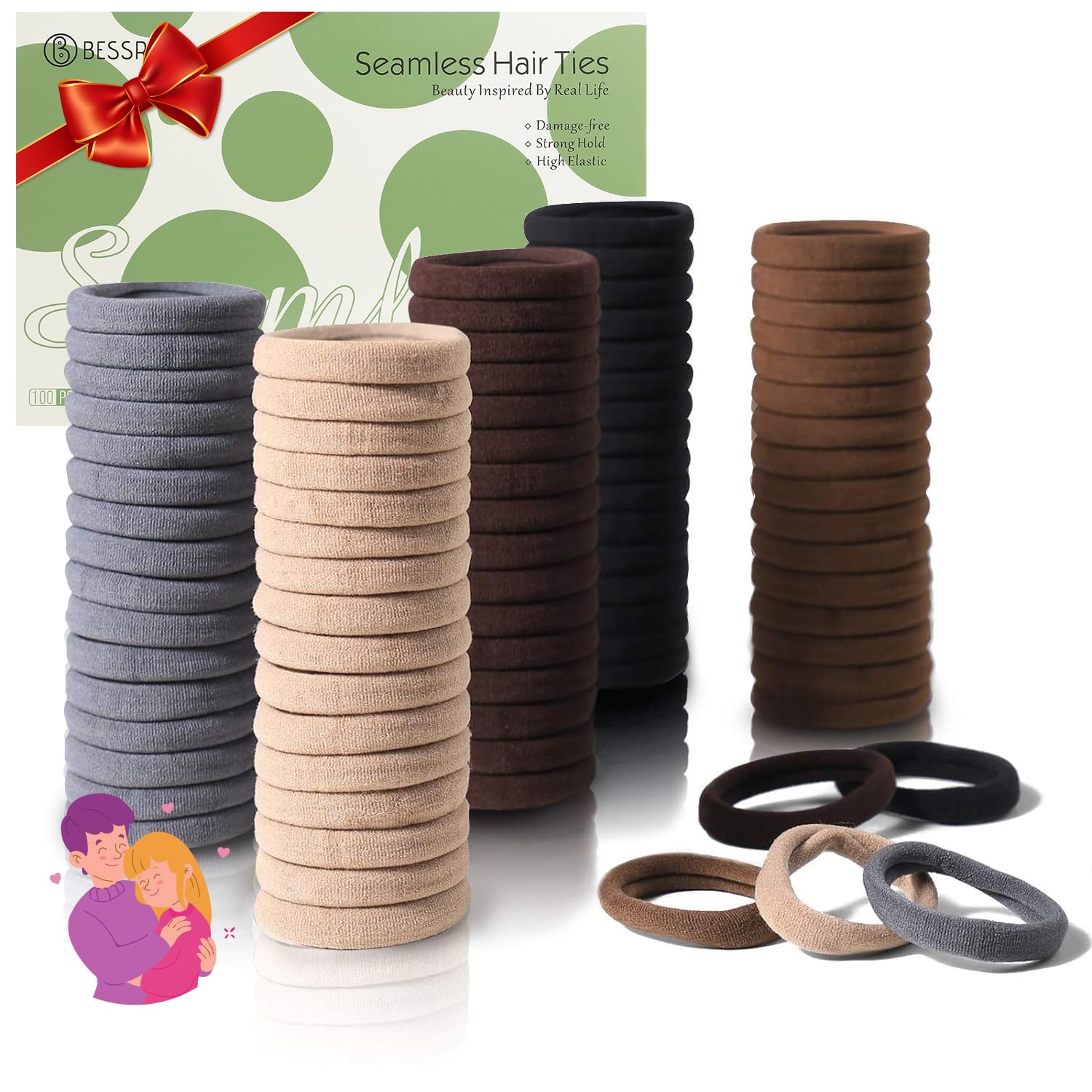 100 Pcs Thick Seamless Brown Hair Ties, Ponytail Holders Hair Accessories No Damage for Thick Hair Valentine's Day Gift(Natural Colors)