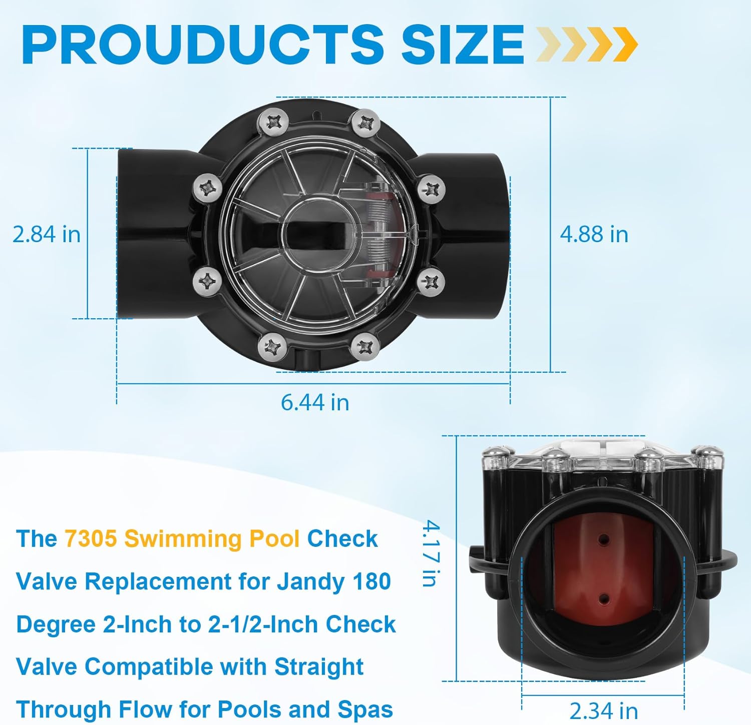 7305 Check Valve Replacement for Jandy - 2-Inch to 2.5-Inch 180-Degree Straight Through Flow Valve, Compatible with Pool and Spa (Jandy 7305 Replacement)