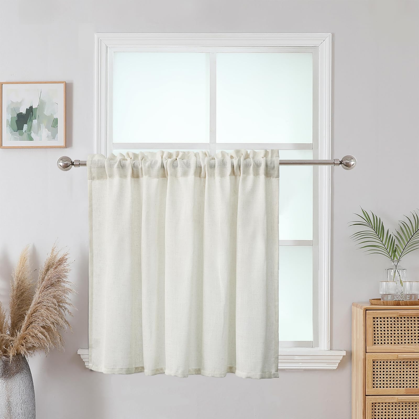 CUCRAF Kitchen Cafe Curtain True Linen 1 Panels Light Beige Short Lightweight Rod Pocket Small Window Drape for Bedroom Living Room