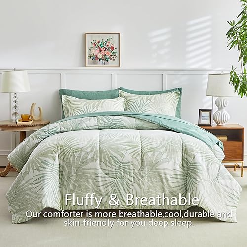 Miniatura 4 de AIKASY Juego de edredón azul y verde Queen con sábanas, cama en una bolsa, 7 piezas, diseño de impresión de tótem de palmera, juego de ropa de cama