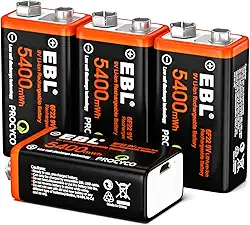 EBL Baterias de lítio recarregáveis USB de 9V - Baterias de íon de lítio de 5400 mWh de longa duração com cabo de carregamento micro - Carga rápida em 2 horas (pacote com 4)