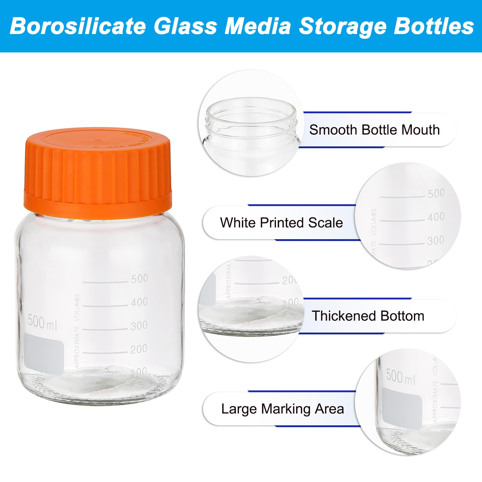 PATIKIL Confezione da 6 bottiglie rotonde per reagenti, 500 ml, in vetro borosilicato, a bocca larga, graduate, con tappo a vite GL32 arancione, per liquidi reagenti d'acqua di laboratorio,