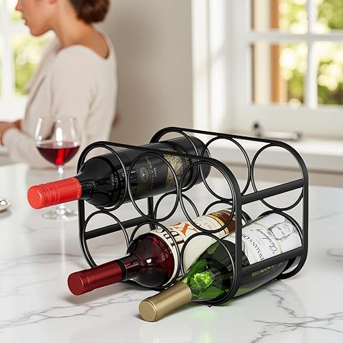Miniatura 4 de Buruis Estante de vino para 6 botellas, soporte de metal moderno para encimera de vino, para cocina, despensa y armario, no requiere montaje, negro