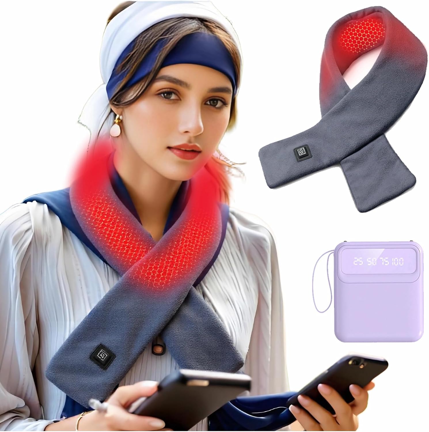 Heated Scarf with Tourmaline Stone - Heating Pad for Neck and Shoulders Pain Relief, Heat Pad for Muscle Relaxation & Tension Relief, Infrared Heated Scarf for Women with Rechargeable 10000mAh Power