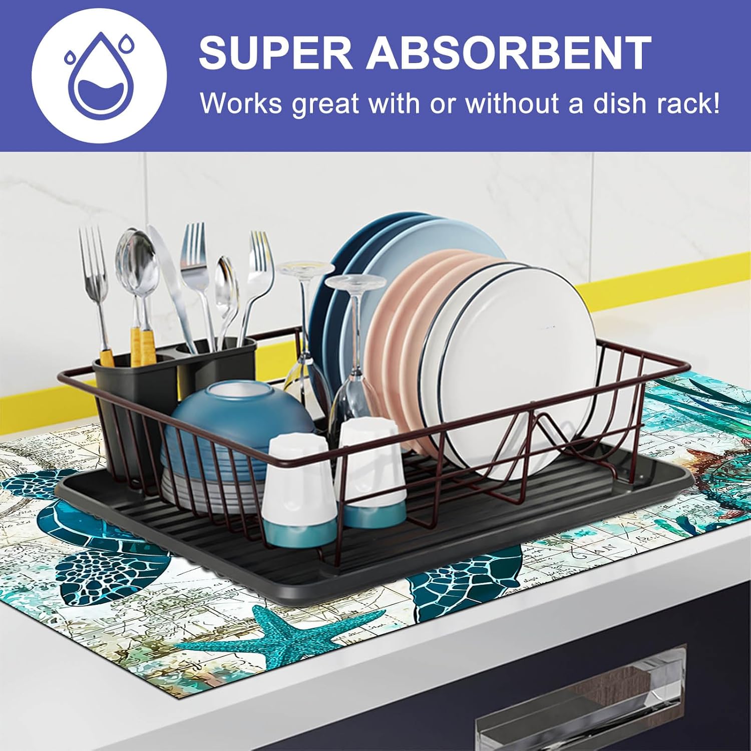 HOMETITUTE Sea Turtle Stove Top Cover 28x20 Inch Diatomite Ocean Map Design Glass Stovetop Protector Coastal Kitchen Decor Electric Stove Cover Heat Resistant Mat