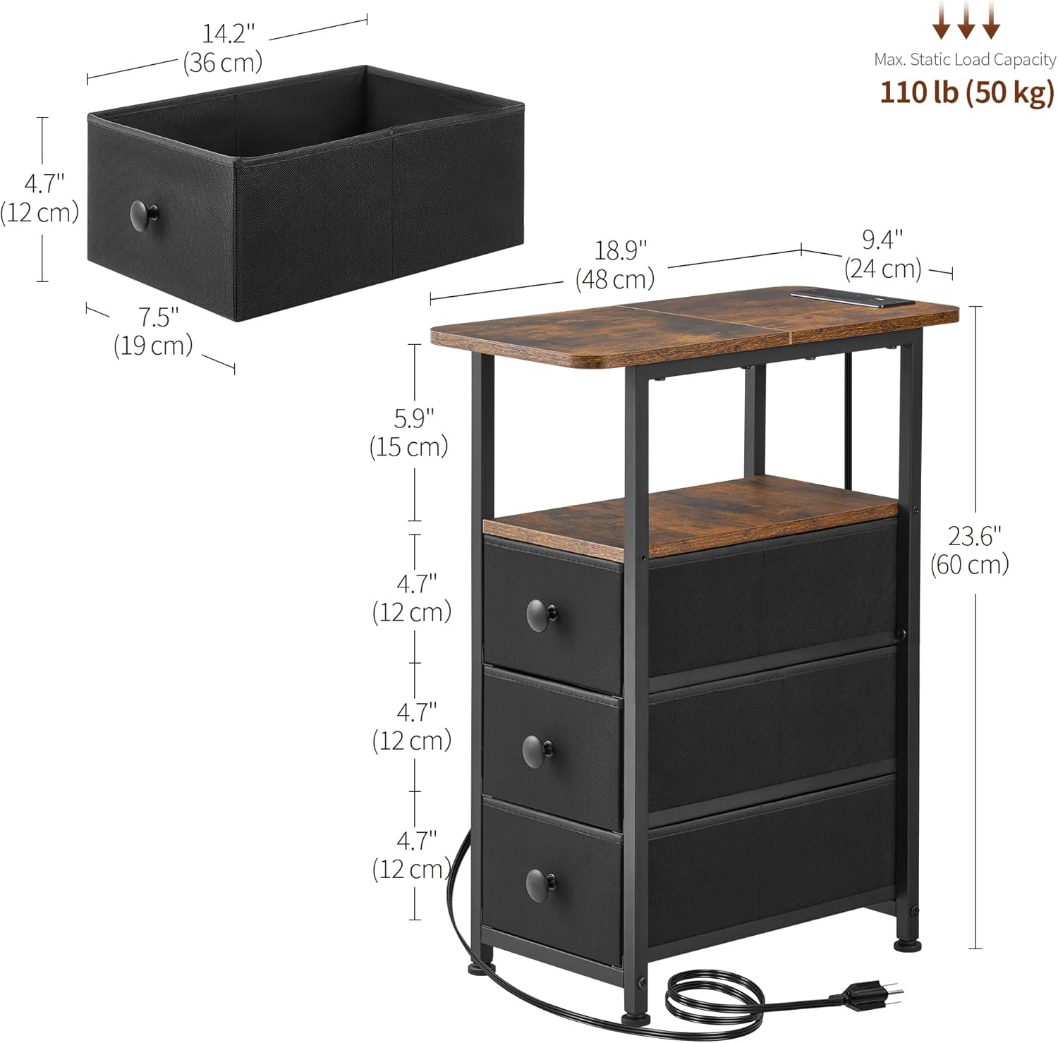 DALEMHOME Narrow End Table with Charging Station, Narrow Side Table with Drawer, Small Nightstand with LED Light, Skinny Nightstand, Small Bedside Table for Living Room, Bedroom, Couch, Rustic Brown