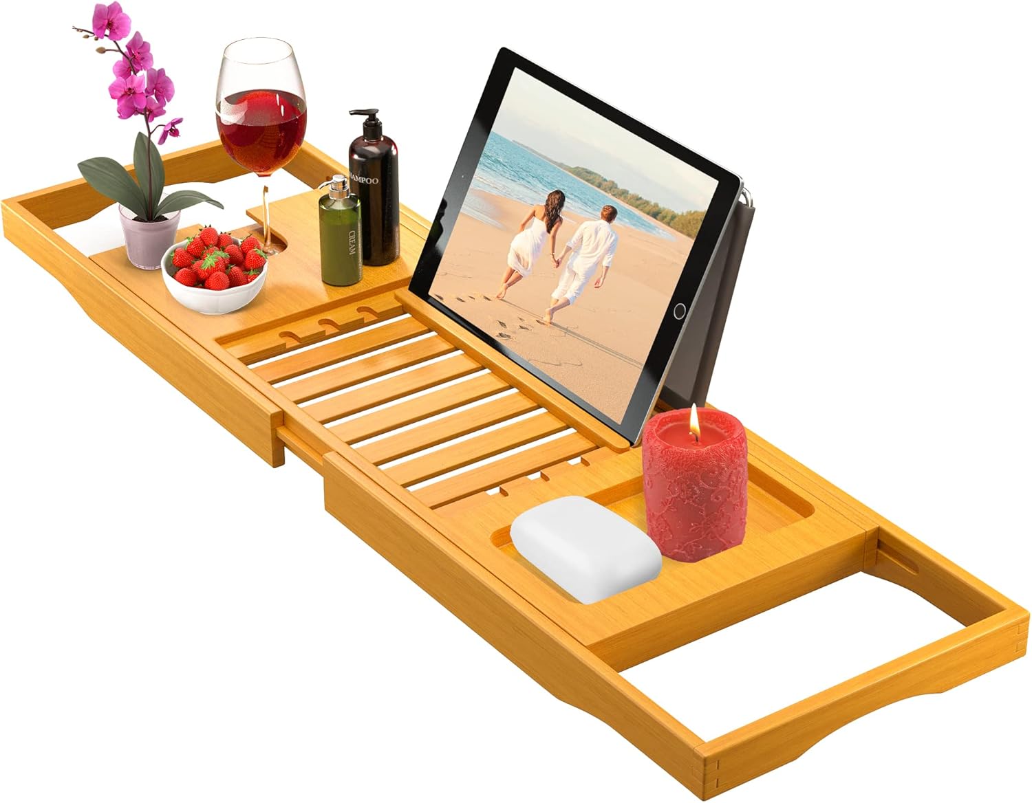 Bamboo Bathtub Tray Caddy Expandable Bath Tray Adjustable Organizer