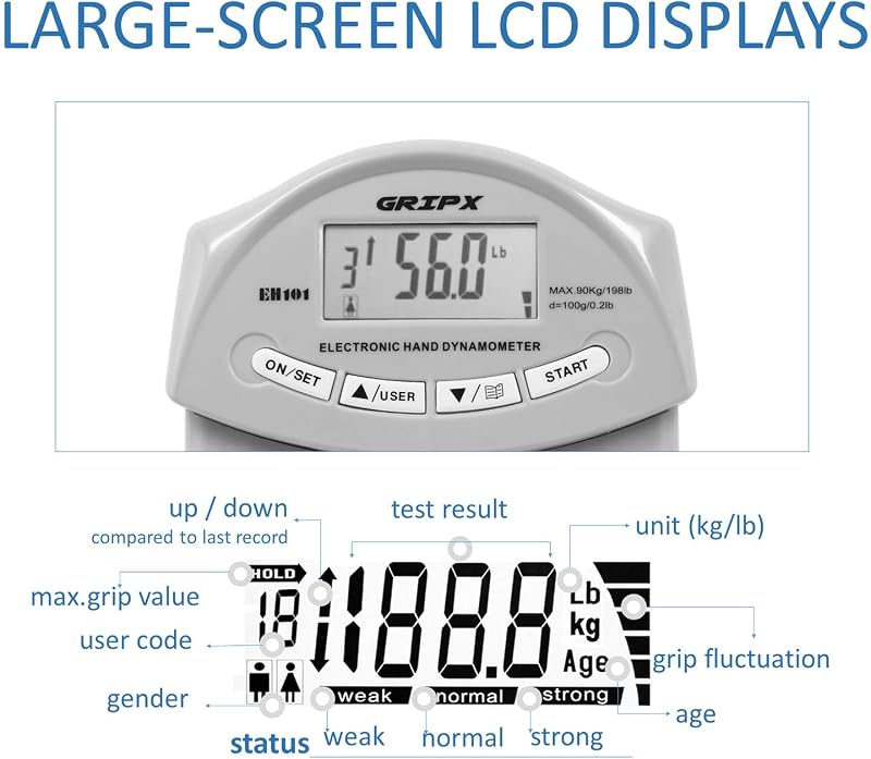 GRIPX Digitális Kézerő Mérő Dinamométer Szürke 90kg Kapacitás Elektronikus Markolat Erősség Teszter Fitness Edzés