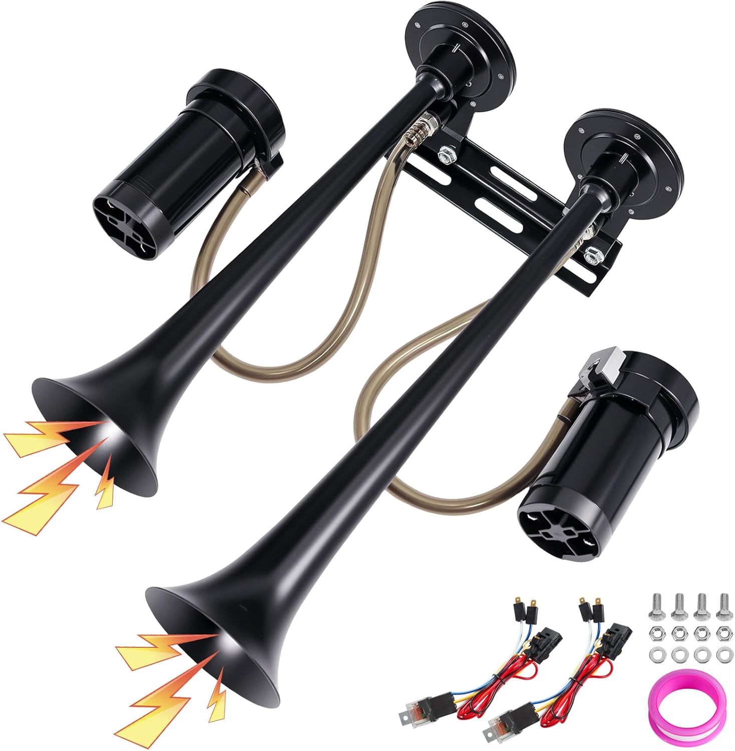Dual Trumpet Metal Air Horn Kit for Truck with 2 Air Compressors - 12V 150DB Ultra Loud Train Horn for Trucks Pickup Trains Boats Cars,Suitable for Heavy Traffic or Special Occasions