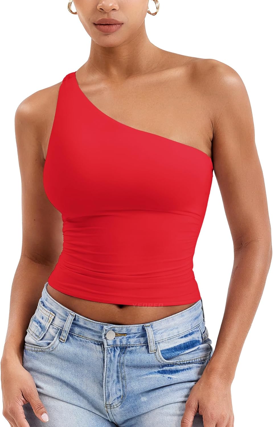 YEOREO Womens One Shoulder Tops Sleeveless Going Out Tank Top Fanciy Double Lined Cropped Tee Y2K Summer Shirts Slim Fit