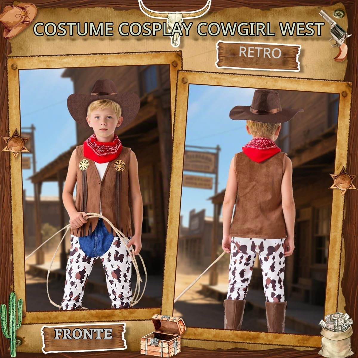 Costume Cowboy Bambino, Western Vestito da Cowboy Bambini con Gilet, Pantaloni, Cappello, Bandana Accessori, Costume da Cowboy Bambino per Halloween Carnevale Dress Up Festa Cosplay, 3-10 Anni
