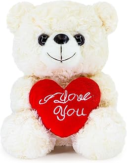 Teddy Bear Plush Toy with Rose and Love Heart, Cute Soft Plush Bear Toy, Suitable for Valentine's Gift for Lover, Mom and Kids (White/Love Heart)
