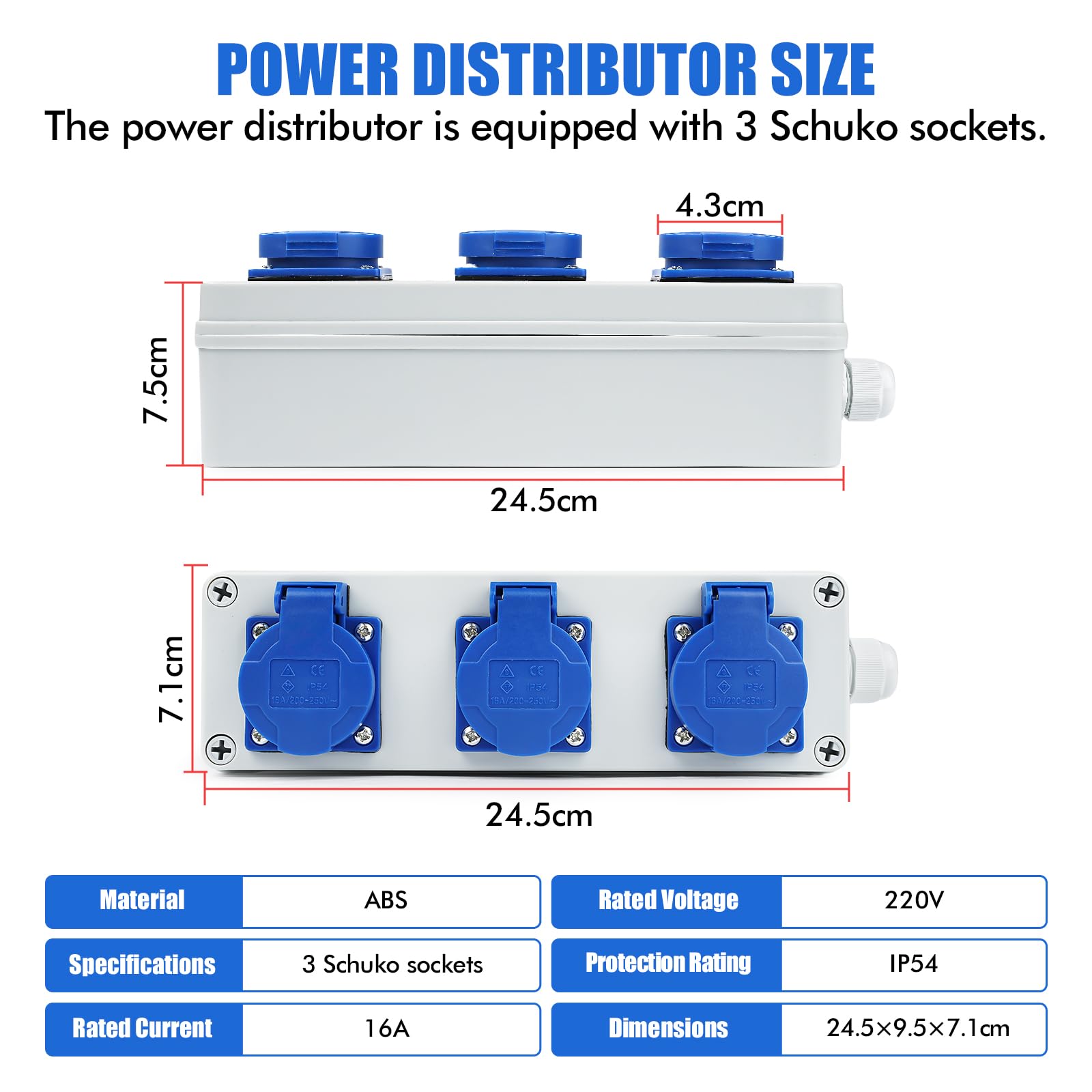 Distribuidor de Enchufes de Pared Caja de Distribución Tomas Schuko 3 x 220V IP54 Distribuidor de Pared 16A con Cubierta Protectora Individual para Talleres, Interiores y Exteriores