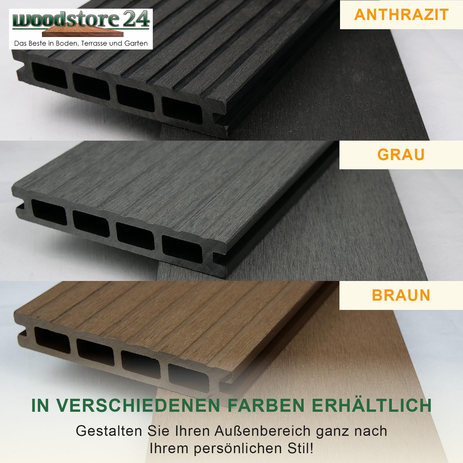 Terrassendielen WPC Diele Komplettset Woodo Rhodos 20 x 120 mm 2,4 m Grau 10 m²