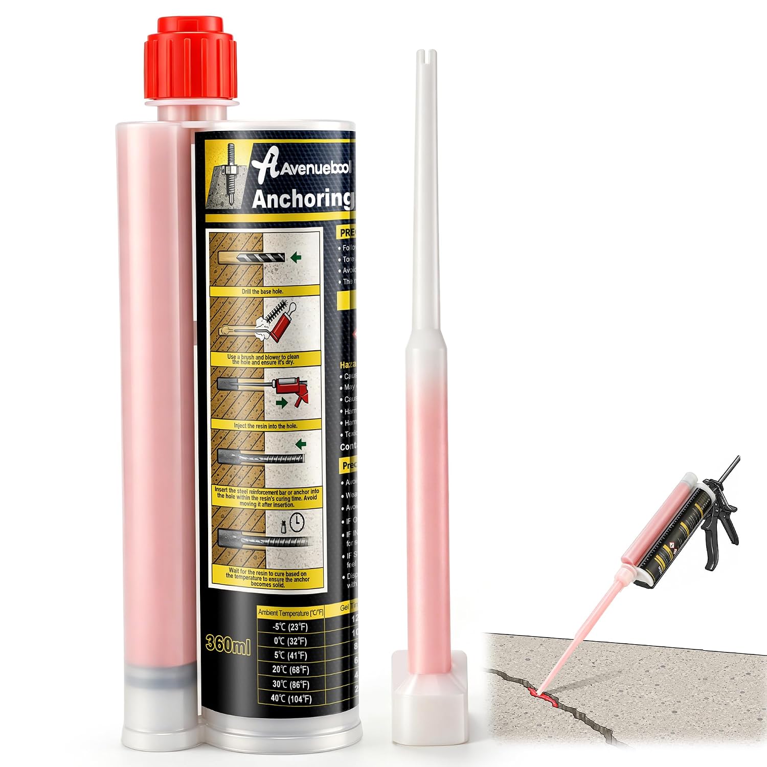High Strength Concrete Epoxy, 12 oz Fast Setting Anchoring Adhesive, Red Caulking Adhesive for Cracked & Uncracked Concrete, Rebar, Steel, Masonry, Bolts Repair, Threaded Rod Anchoring