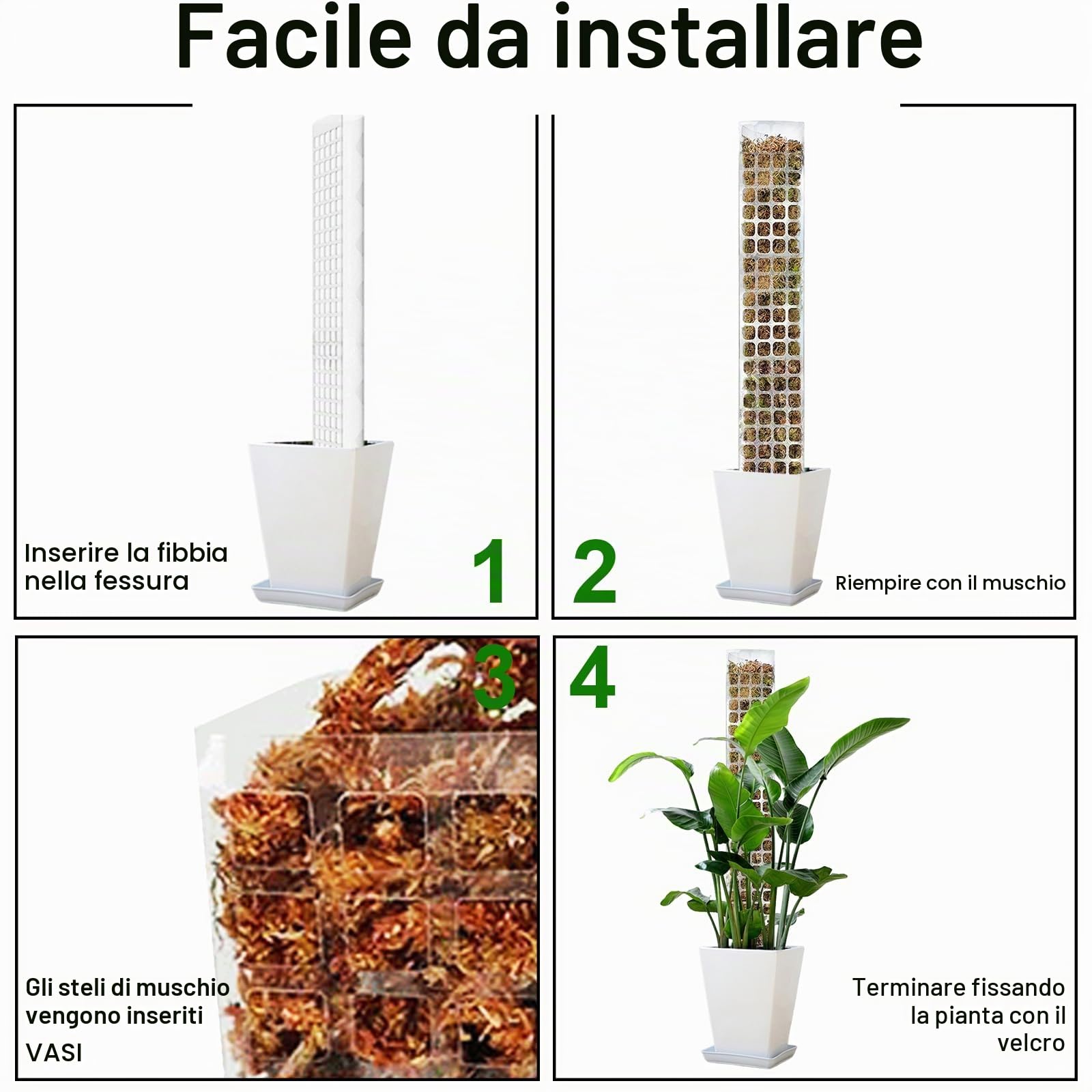 6 set di bastoncini di muschio per piante rampicanti, 61 cm, in plastica, con 3 picchetti, 2 nastri in velcro, 30 m, supporto per rampicanti Monstera, asta per piante rampicanti Monstera
