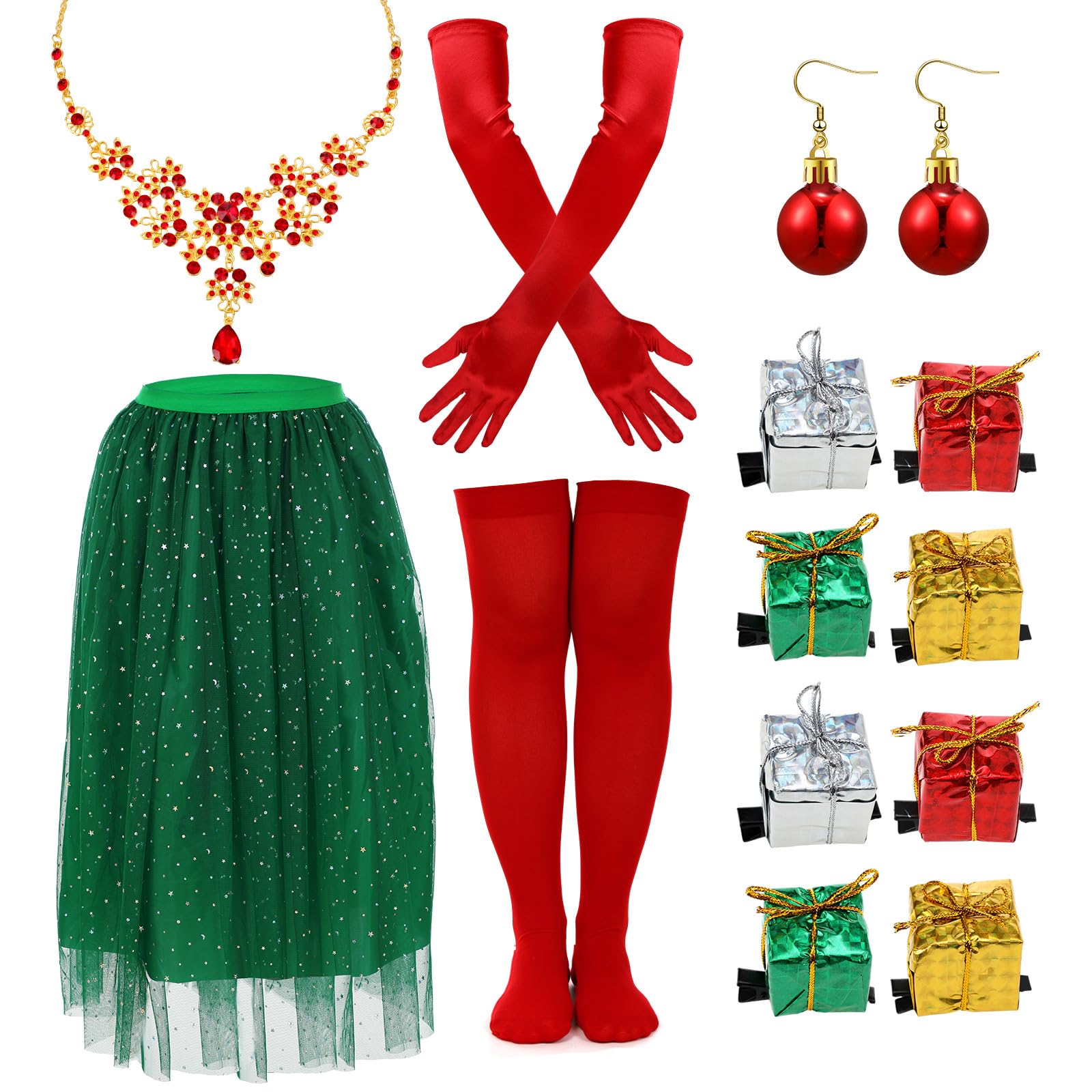 Funnysoft 13 Pcs Women Christmas Movie Costume Necklace Colorful Gift Box Hair Clips Green Tutu Gloves Socks for Cosplay