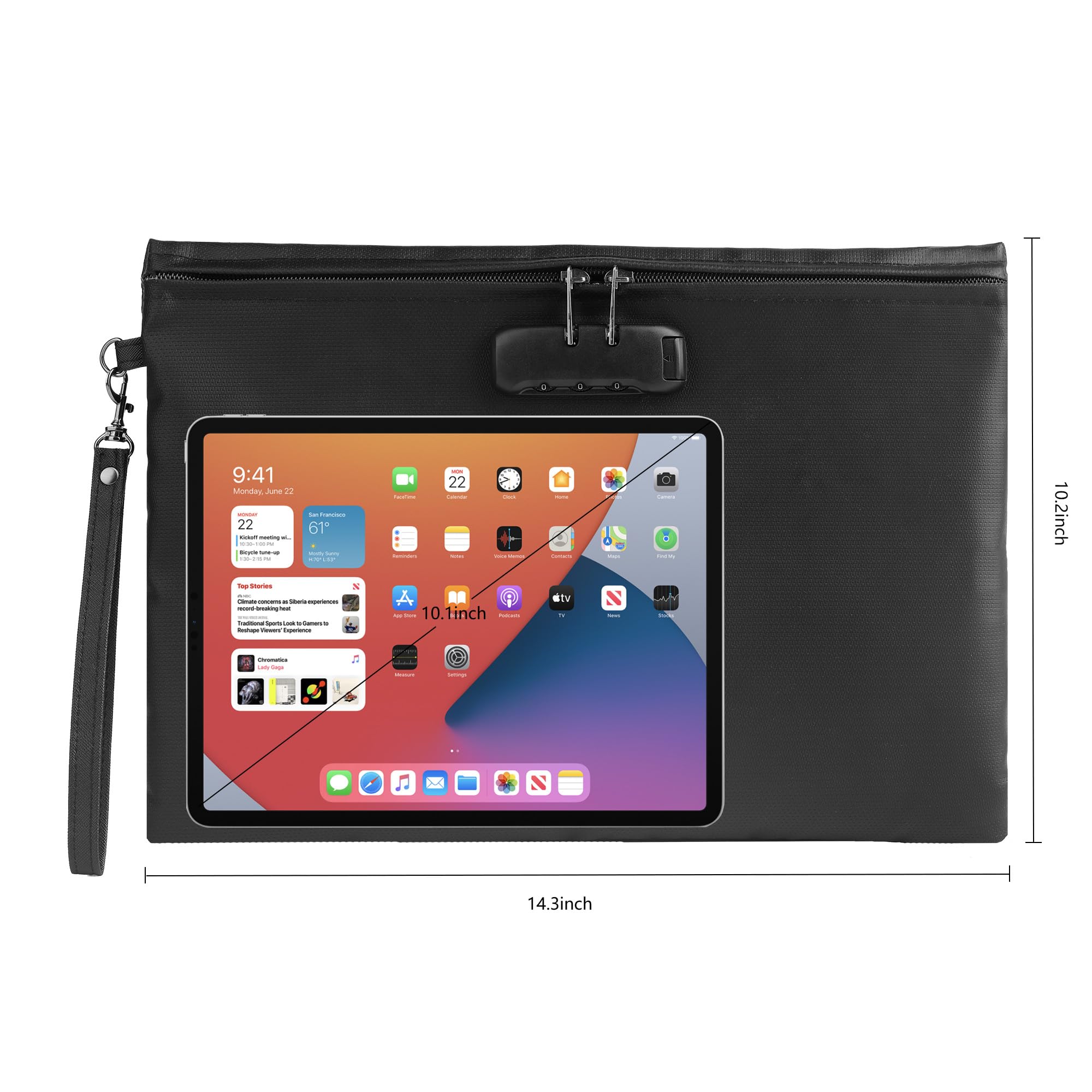Bolsa de documentos impermeable e ignífuga con cerradura de contraseña, negro, 36 x 26 cm, bolsa de almacenamiento multifuncional, funda de seguridad
