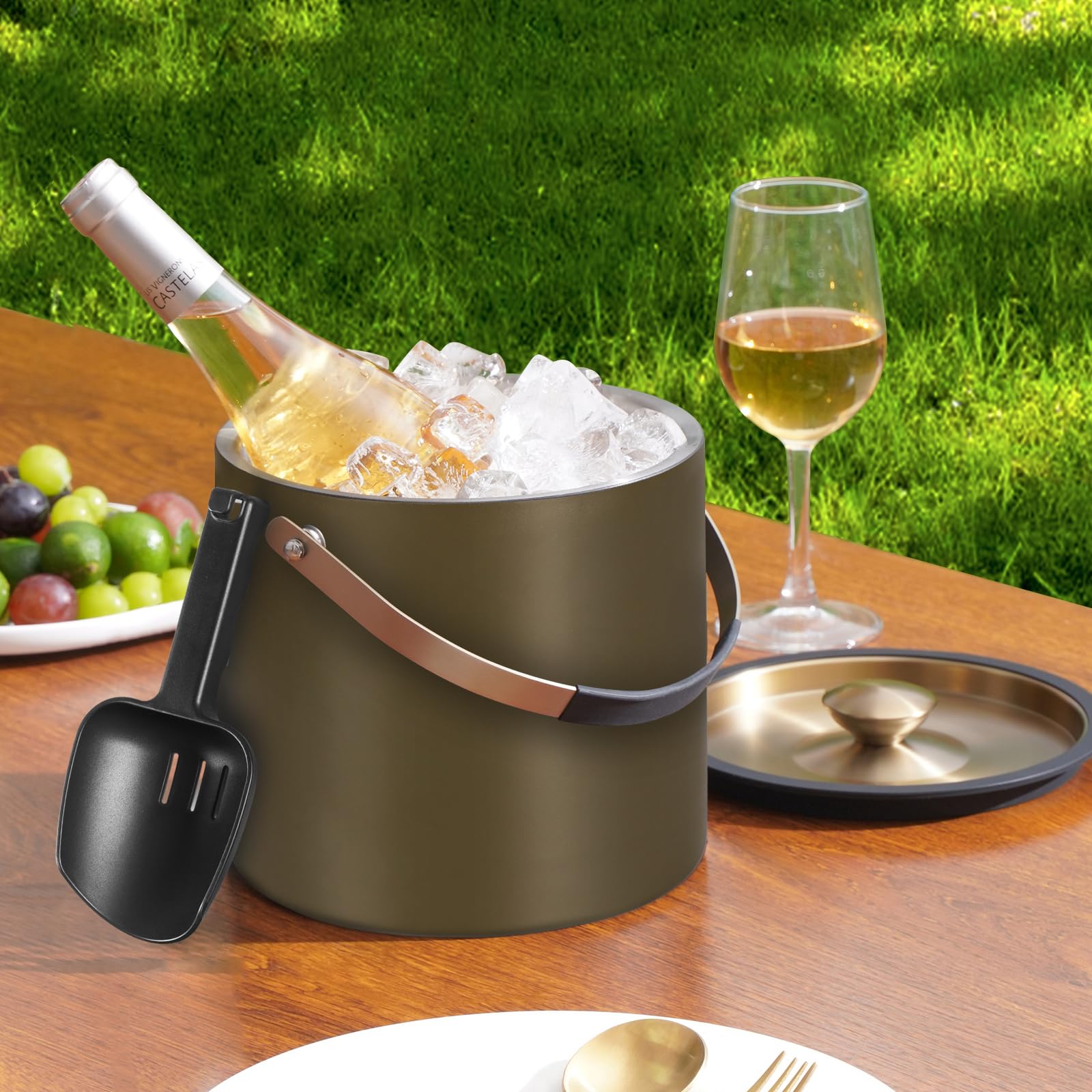 Seau à glace isotherme moderne de 3,2 l avec couvercle en silicone, cuillère, passoire, seau à glace à double paroi en acier inoxydable pour fêtes et bar à cocktails, idéal pour cadeau