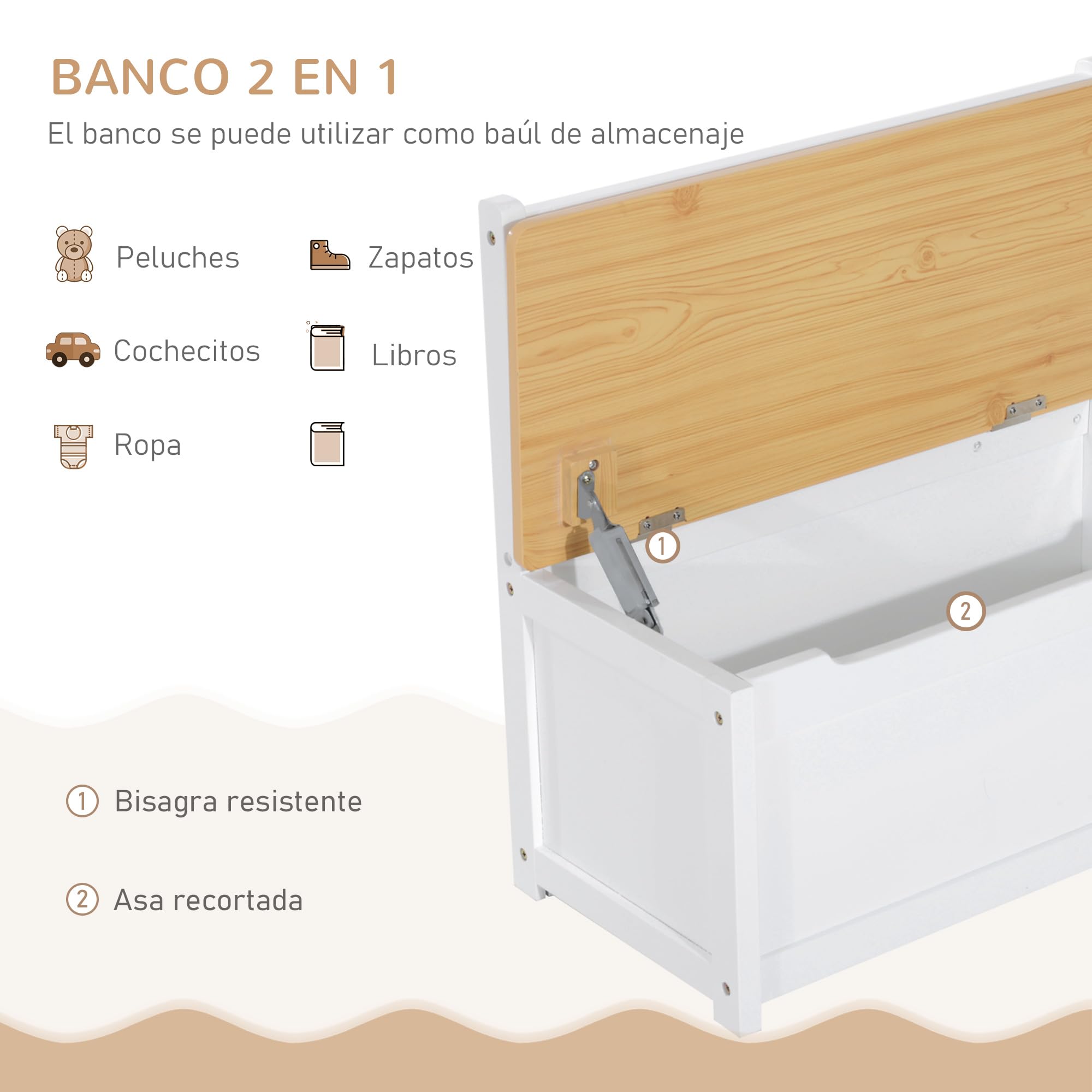 HOMCOM Mesa Infantil con 2 Sillas y Banco con Almacenaje Blanco y Natural | Mesa y Sillas Infantiles de 4 Piezas, Juego de Muebles para Actividades, para Niños de +3 Años, Dormitorio Sala de Juegos