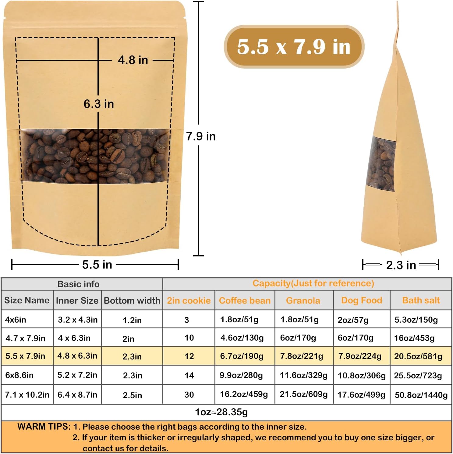 50 Pack Kraft Paper Resealable Bags with Clear Window (5.5 X 7.9 Inches) | Heat Sealable Stand Up Pouch Bags with Tear Notches for Small Business, Spices, Granola Storage