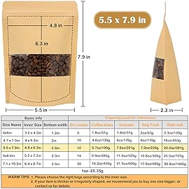 Blisstime 50 Pack Kraft Paper Stand Up Pouch Bags, Resealable Bag with Transparent Window and Tear Notch for Multipurpose Storage (5.5 X 7.9 Inches)
