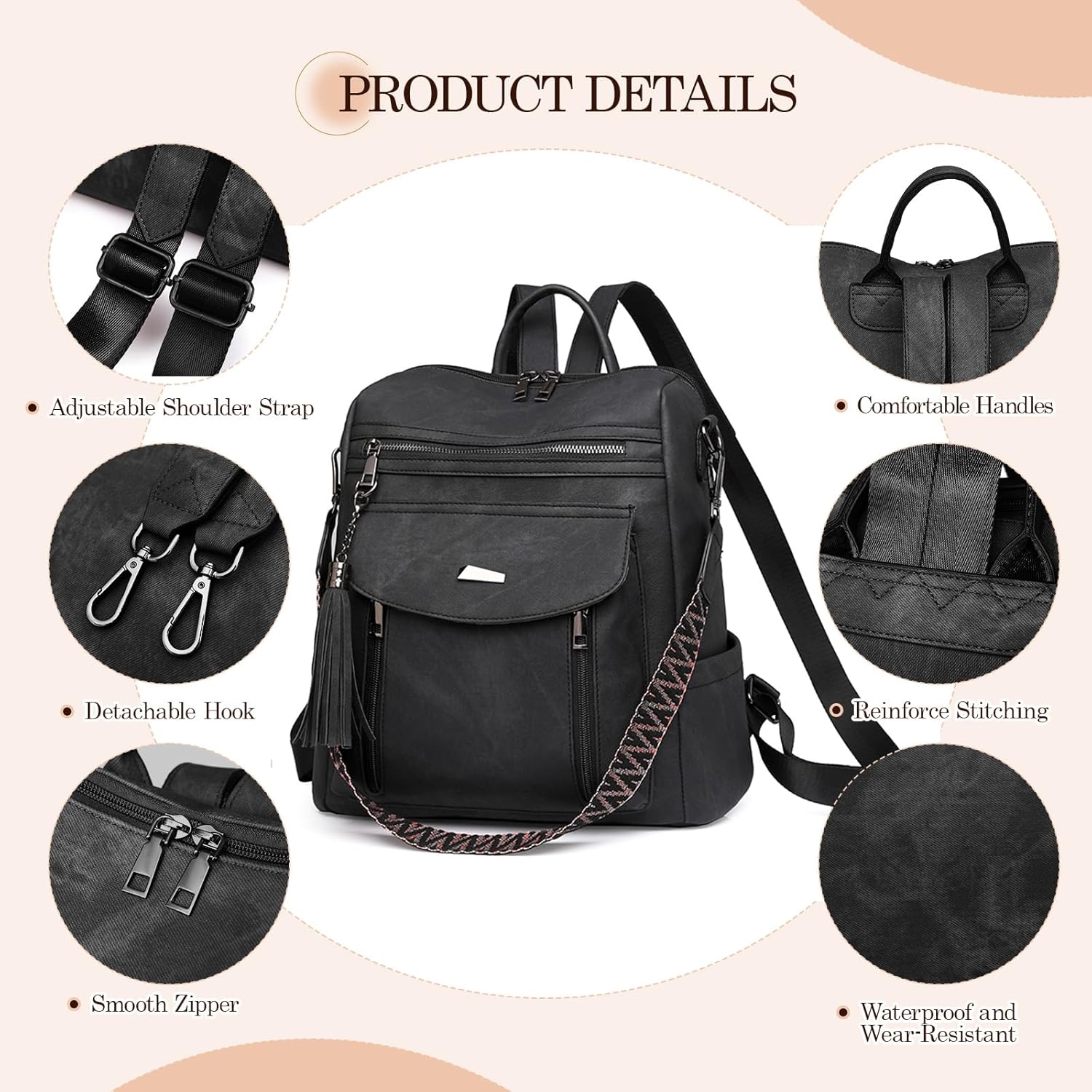 Backpack Purse for Women Pu Leather Backpack Fashion Ladies Shoulder Bag Handbags for Travel Daily Use - Image 7