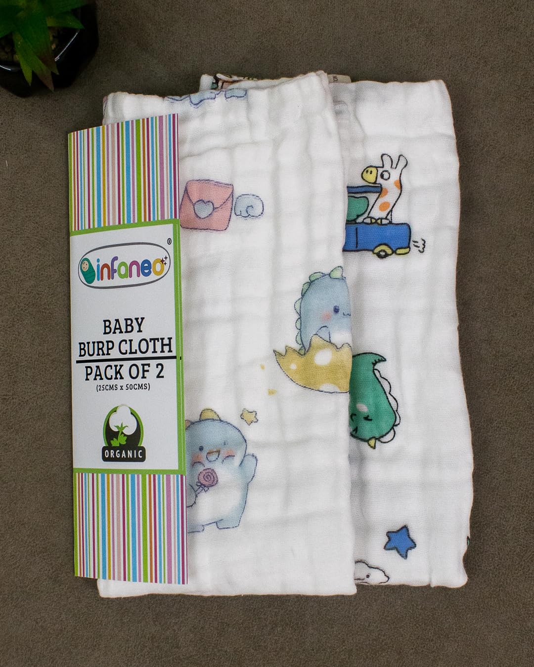 Rachna Organic Muslin Cotton Burp Cloth Set for Mess Free Baby Spit Ups - 175A - Pack of 2 | 6-Layer Reusable Napkins Washcloth Face Towels - White - 25 x 50 Centimetres (Prints May Vary)-image-22