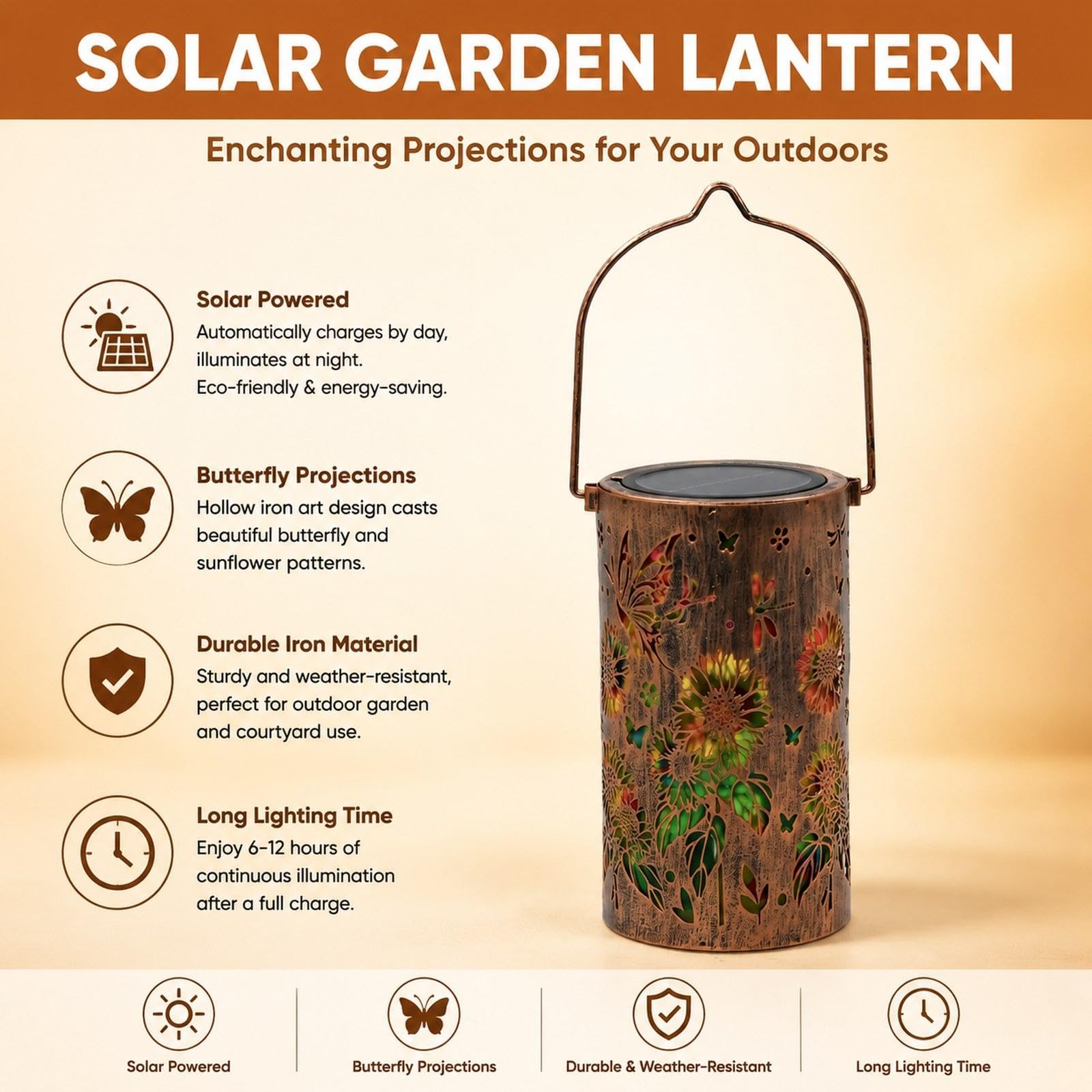 Fenteer Linterna Solar Exterior con luz proyección LED, Resistente al Agua, Hierro, Colgante, Luces solares, decoración jardín para Patio, Porche, Mariposa Girasol