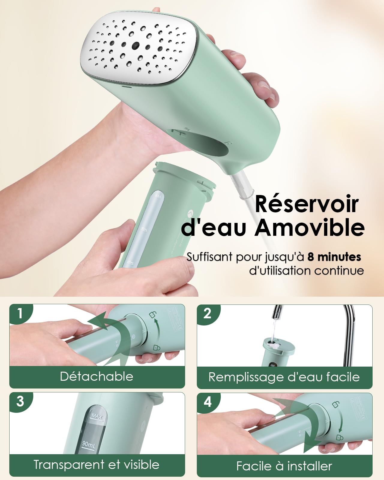 HOMEASY Défroisseur Vapeur Portable, Défroisseur de Voyage 800W 110ML, Garment Steamer Léger Chauffage Rapide pour Éliminer Plis de Tissu Facilement, Vert Menthe