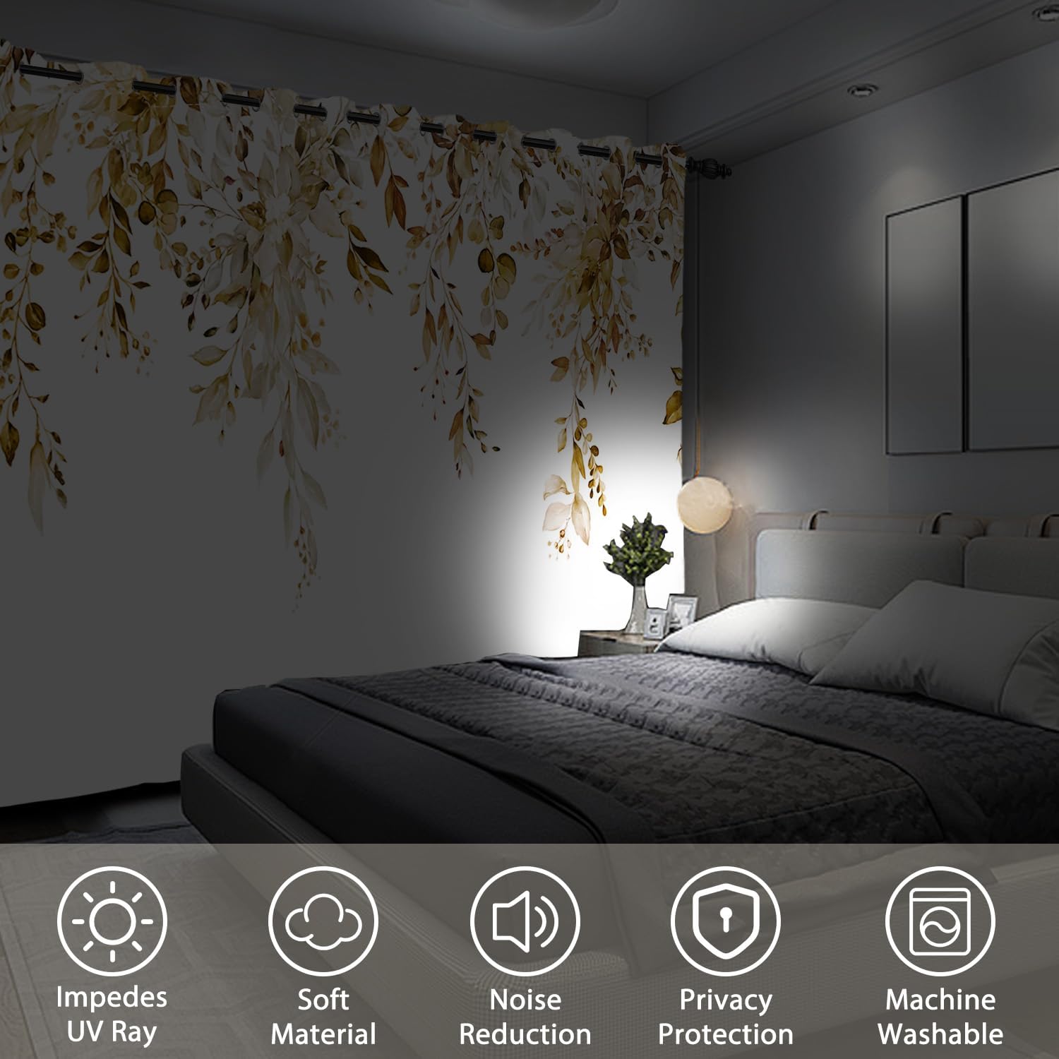 Brown Eucalyptus Blackout Curtains, Spring Watercolor Leaves with Floral Window Curtain for Living Room Bedroom Rustic Room Darkening Grommet Curtains, 42x63 Inch, 2 Panels