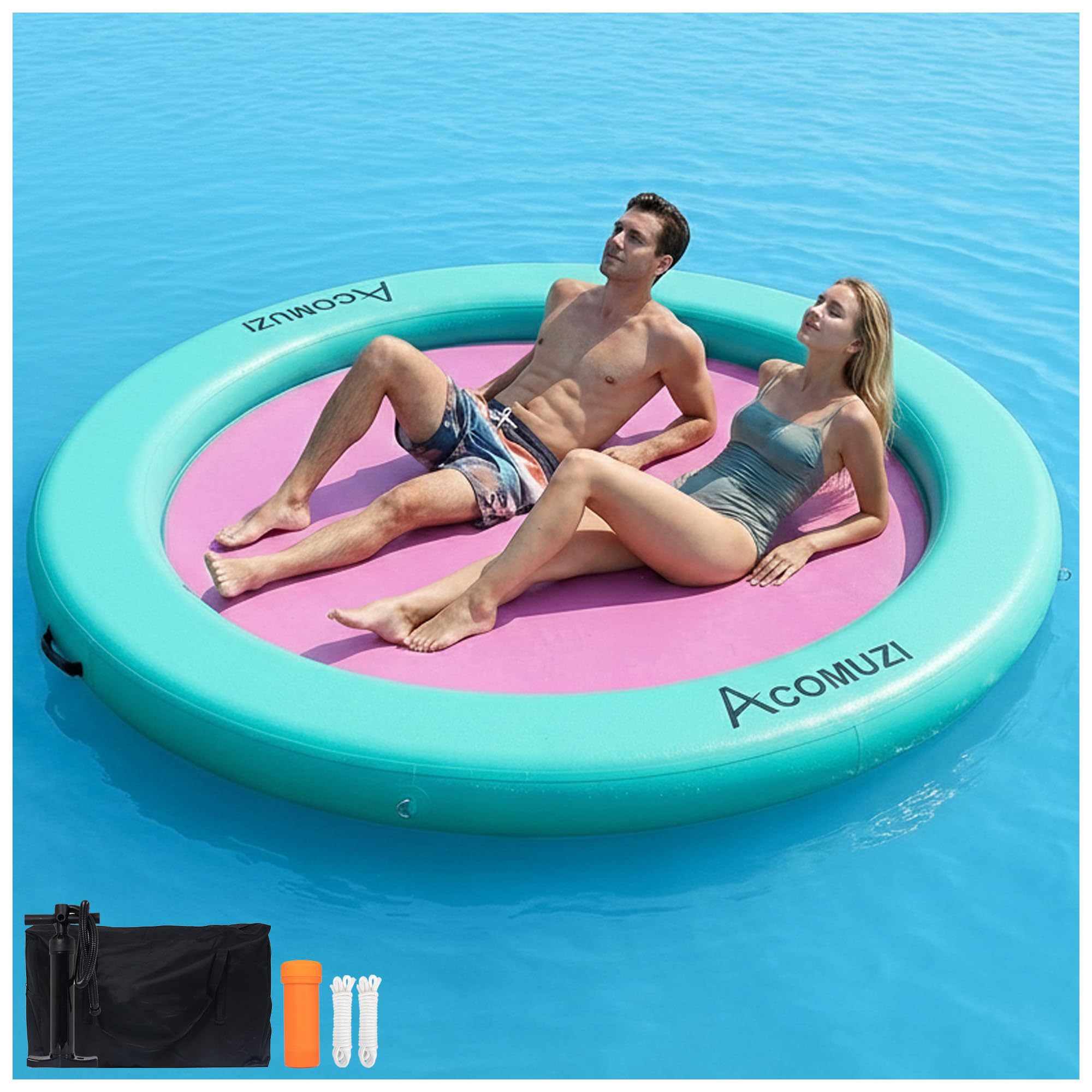 Photo 1 of ACOMUZI 8FT Water Hammock Inflatable Floating Dock, Round Floating Ring Lake Floats for Adults, Heavy Duty Pool Float Raft for Ocean and Lake, Mint Green Pink