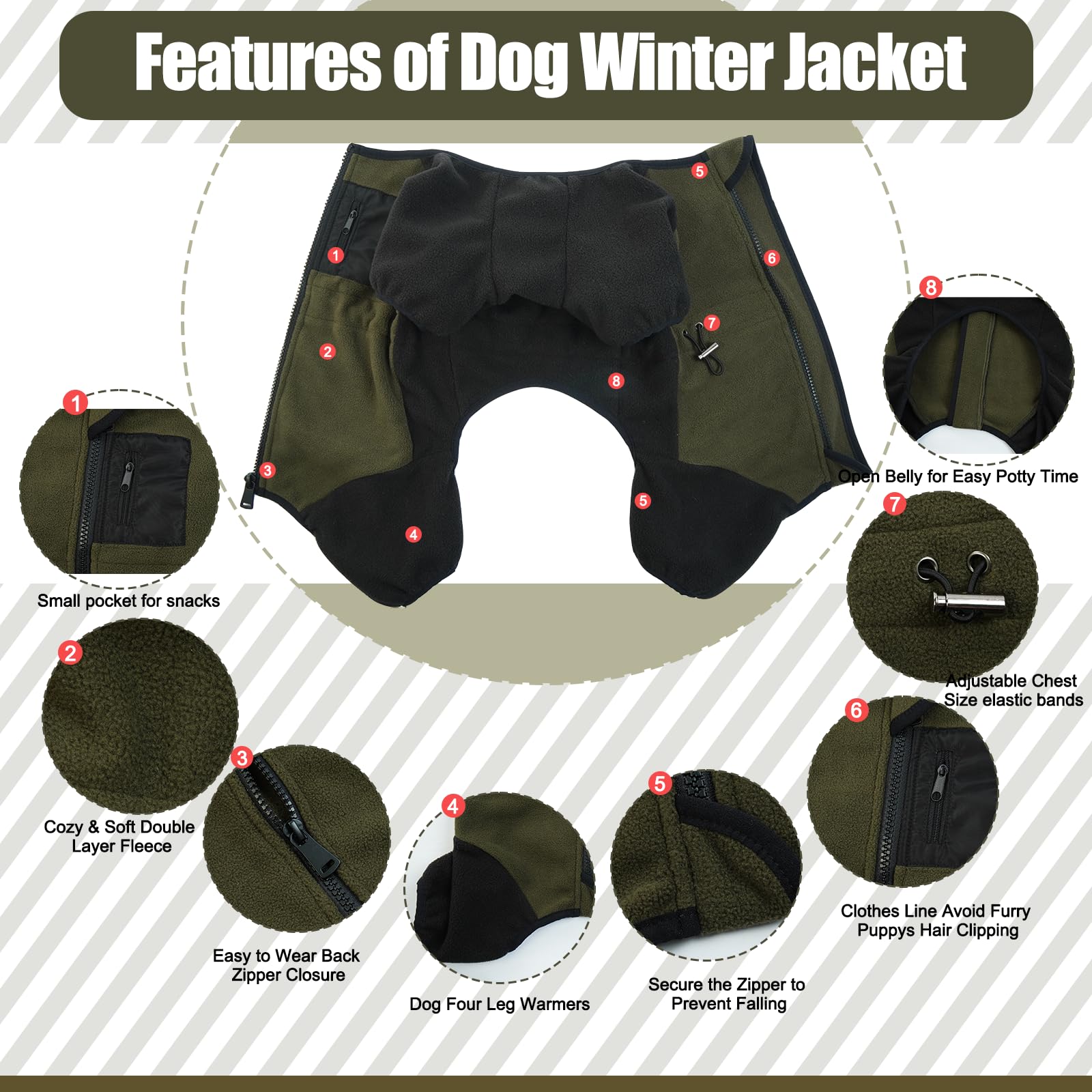 DENTRUN Hundemantel Grosse Hunde, Hundejacke XL, Winter Fleece Hundejacke, Hundepullover, Hundemantel mit Abnehmbarem Kragen, Hund Soft Fleece Onesie (Armeegrün,XL)