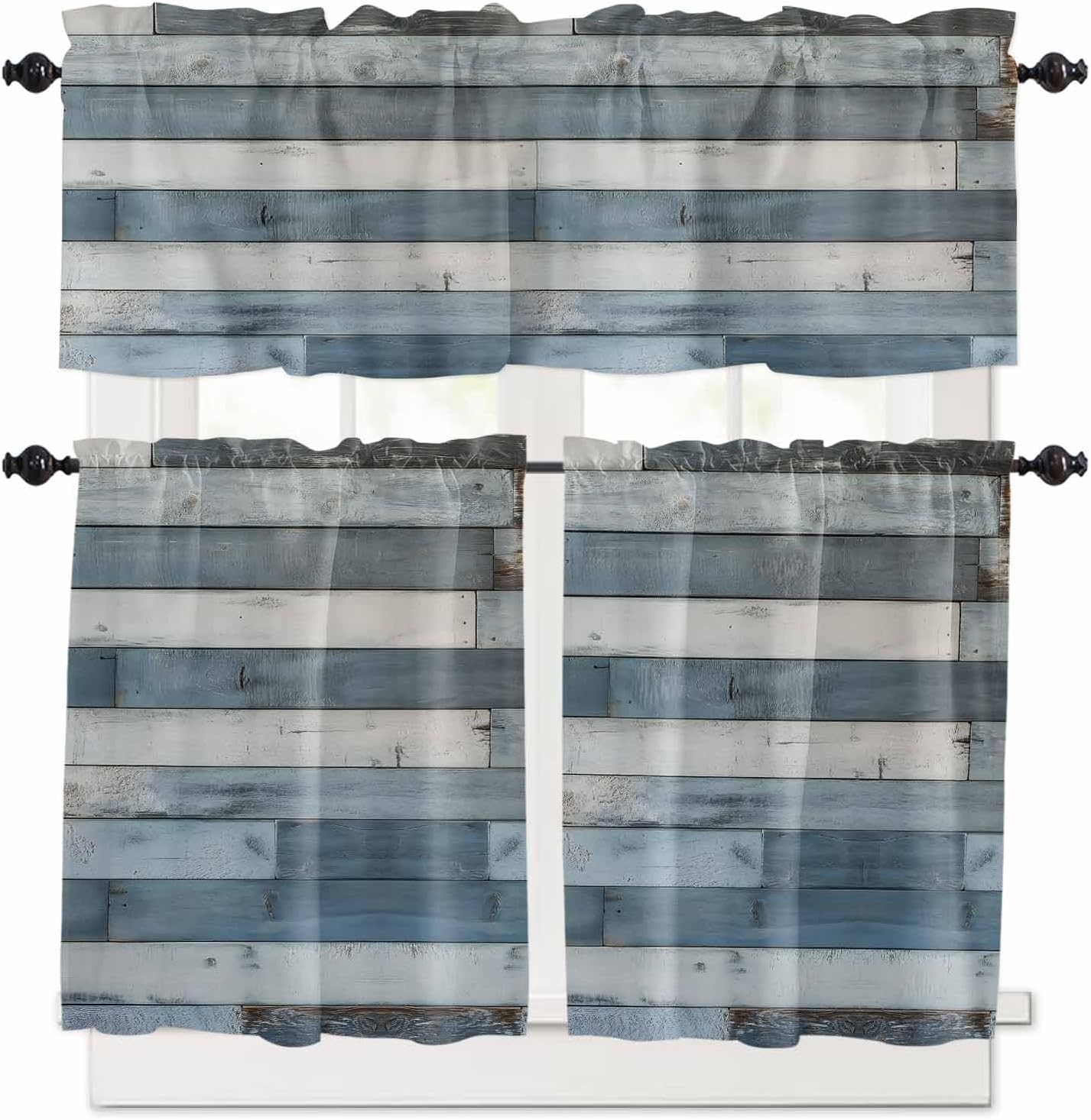 Vintage Blue Farmhouse Kitchen Curtain Set, Retro Wooden Country Farmhouse Curtain Valance and Tier 36 Inch Length, Rod Pocket Kitchen Window Short/Half/Small Tier Curtains Drapery