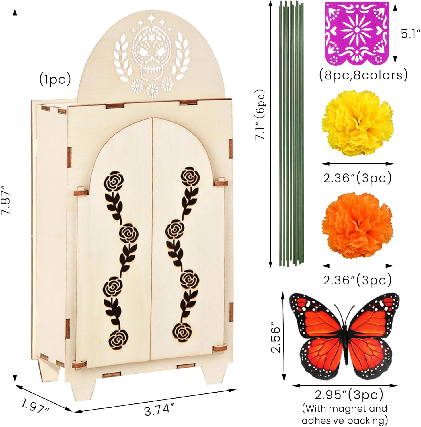 sicutoz Day of The Dead Ofrenda Altar Kit – Dia de Los Muertos Shadow Box with Marigold Flowers, Monarch Butterflies, Papel Picado Banners – DIY Memorial Altar Set for Remembrance & Celebration