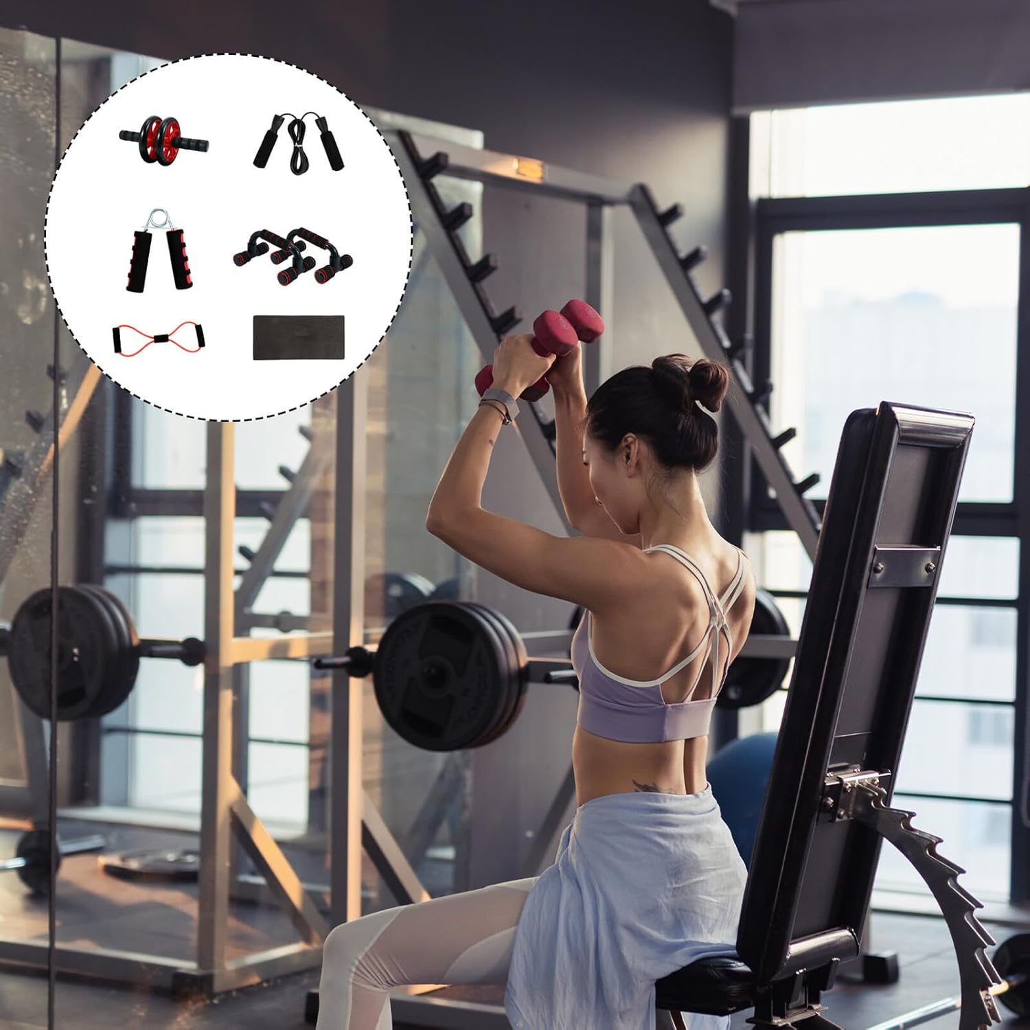 Red Double Wheel Ab Roller Set Home Gym Fitness Equipment for Abdomen and Waist Includes Push-up Bars Jump Rope Bungee Cord Stable and Workout Tool for Men and Women
